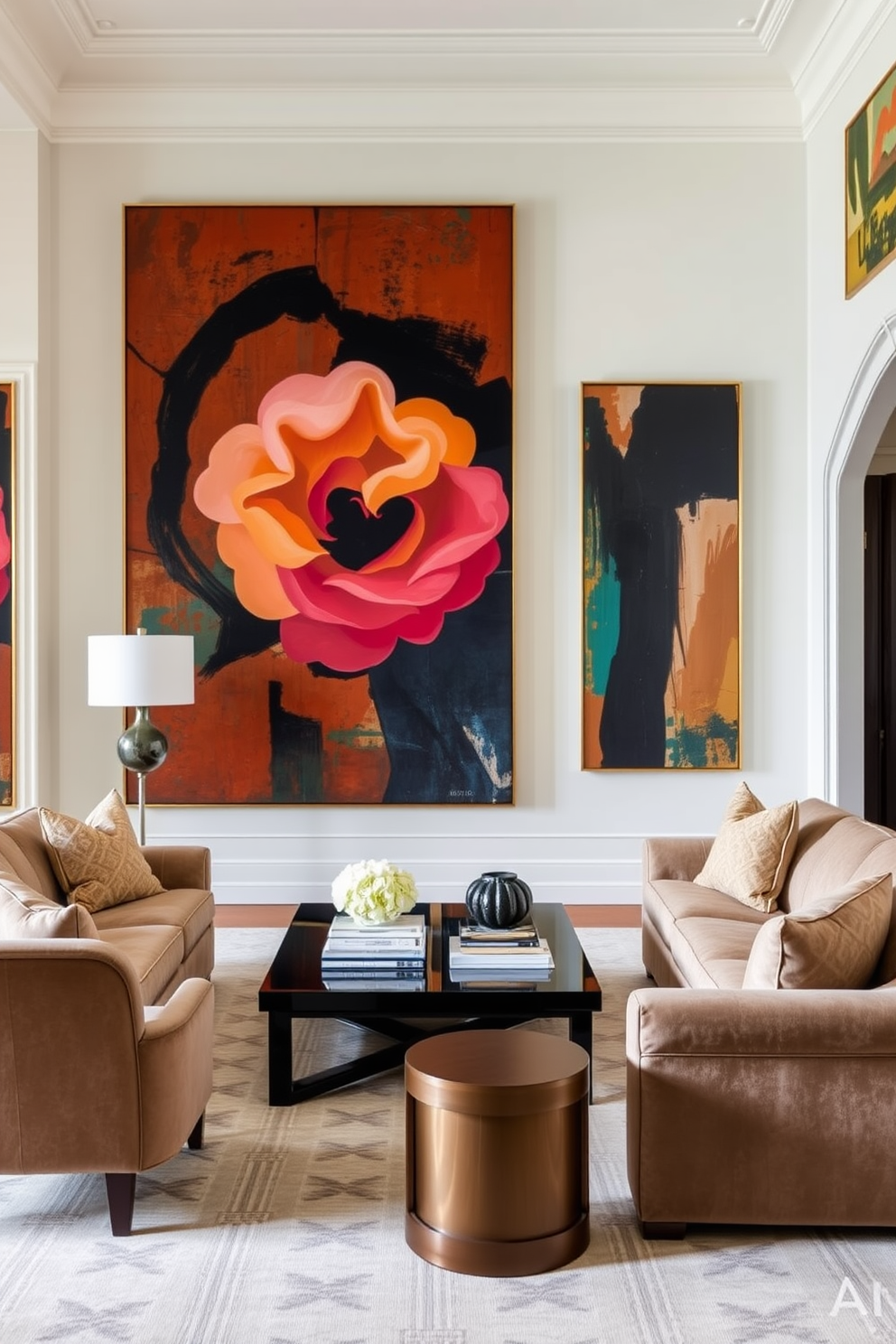 A formal living room with statement artwork as the focal point. The walls are adorned with large, vibrant paintings that draw the eye and add character to the space. Luxurious furniture pieces are arranged for comfort and conversation. Plush sofas in rich fabrics complement elegant armchairs, all centered around a sophisticated coffee table.