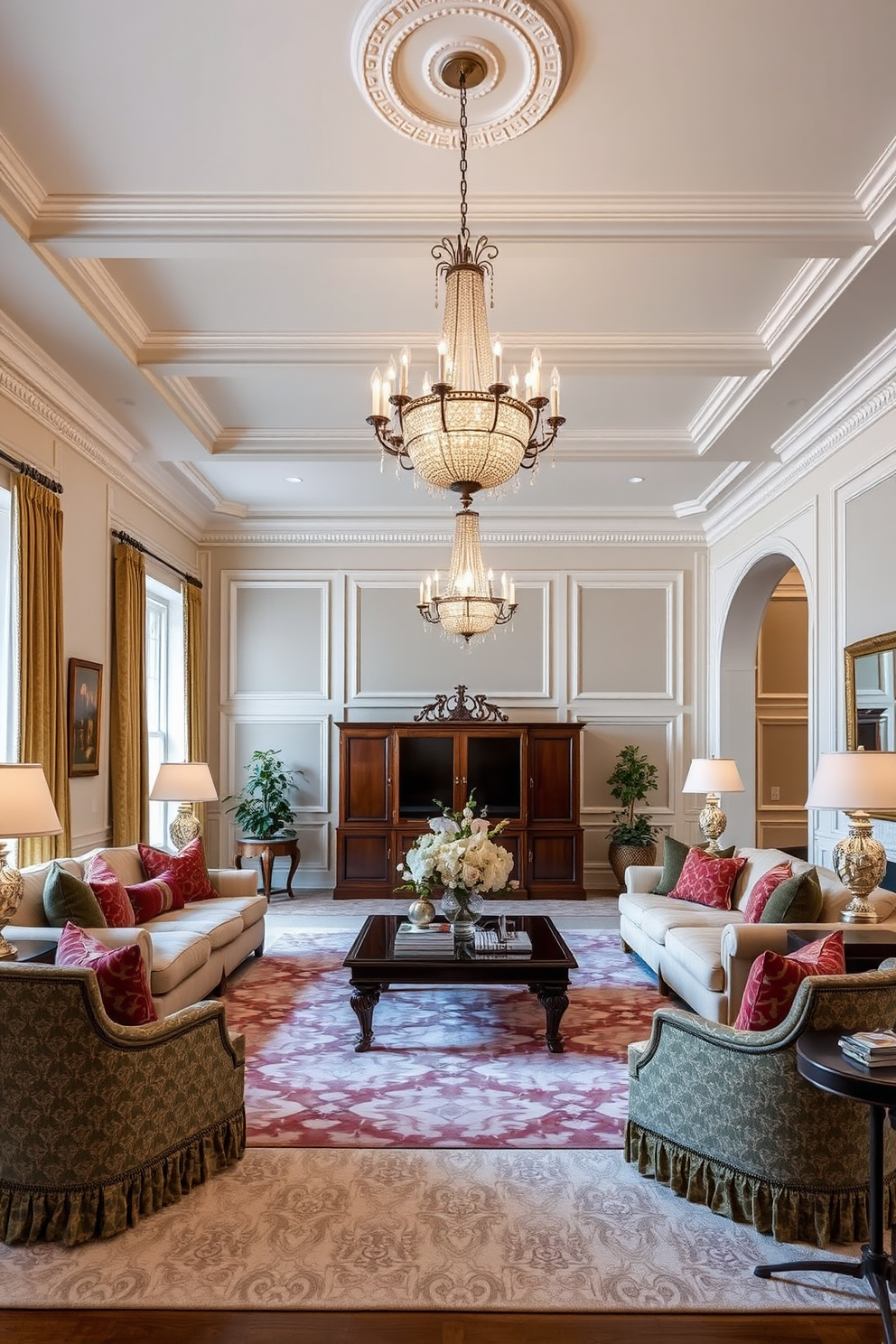 A formal living room featuring elegant decorative molding that enhances the architectural details of the space. The room is adorned with plush seating arrangements, rich fabrics, and a grand chandelier that serves as a focal point.