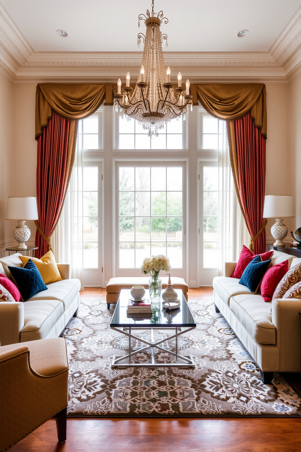 A formal living room featuring a plush sofa adorned with colorful accent pillows in various patterns and textures. The room is elegantly styled with a statement chandelier hanging from the ceiling and rich drapes framing the large windows. A sleek coffee table sits in the center, surrounded by tasteful decor items and a soft area rug that adds warmth to the space. The walls are painted in a soft neutral tone, enhancing the vibrant colors of the pillows and creating a sophisticated atmosphere.