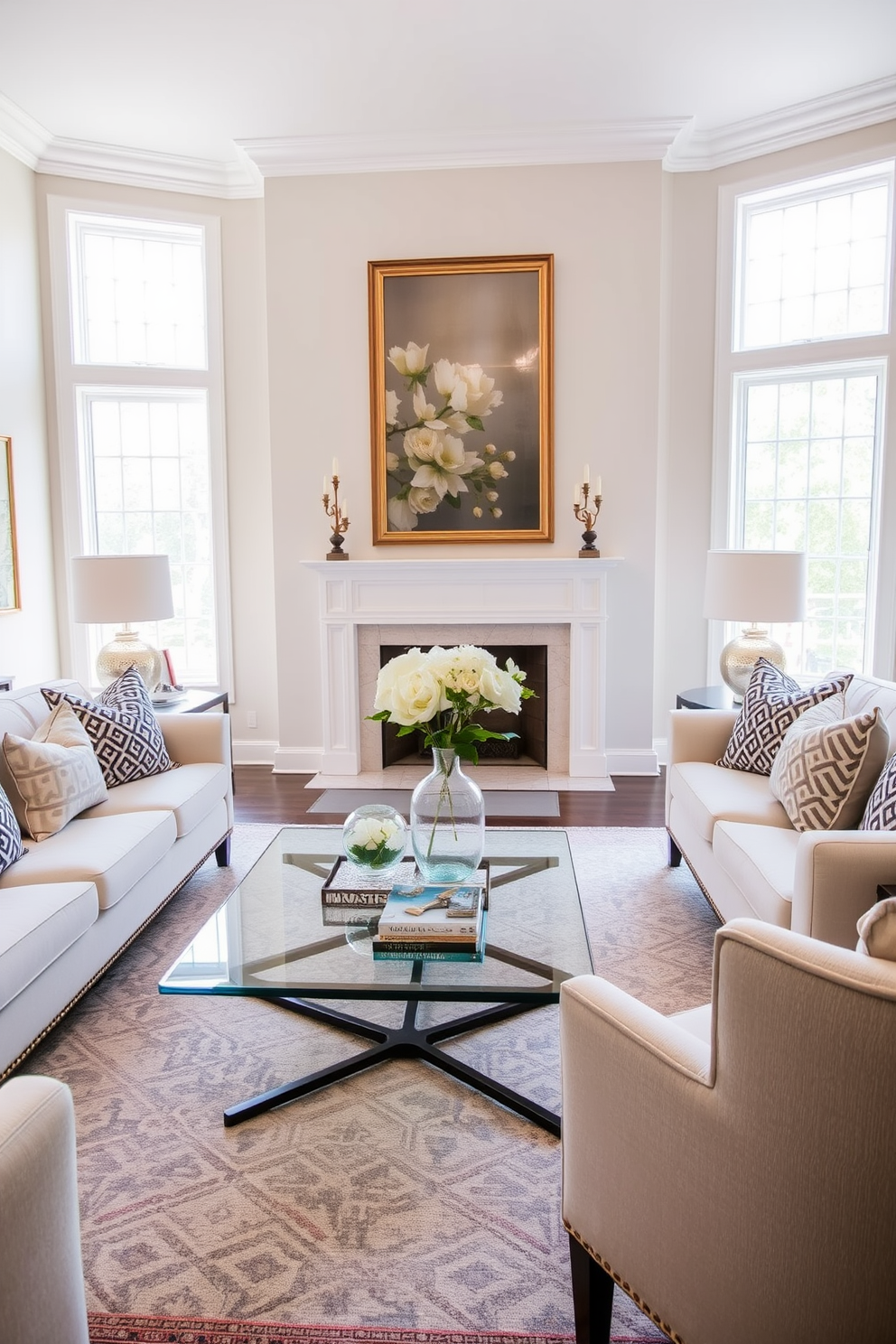 A bright and airy formal living room features a sleek glass coffee table at its center. Surrounding the table are plush sofas upholstered in soft neutral tones, complemented by elegant accent pillows. The walls are adorned with tasteful artwork, and large windows allow natural light to flood the space. A stylish area rug anchors the seating arrangement, adding warmth and texture to the room.