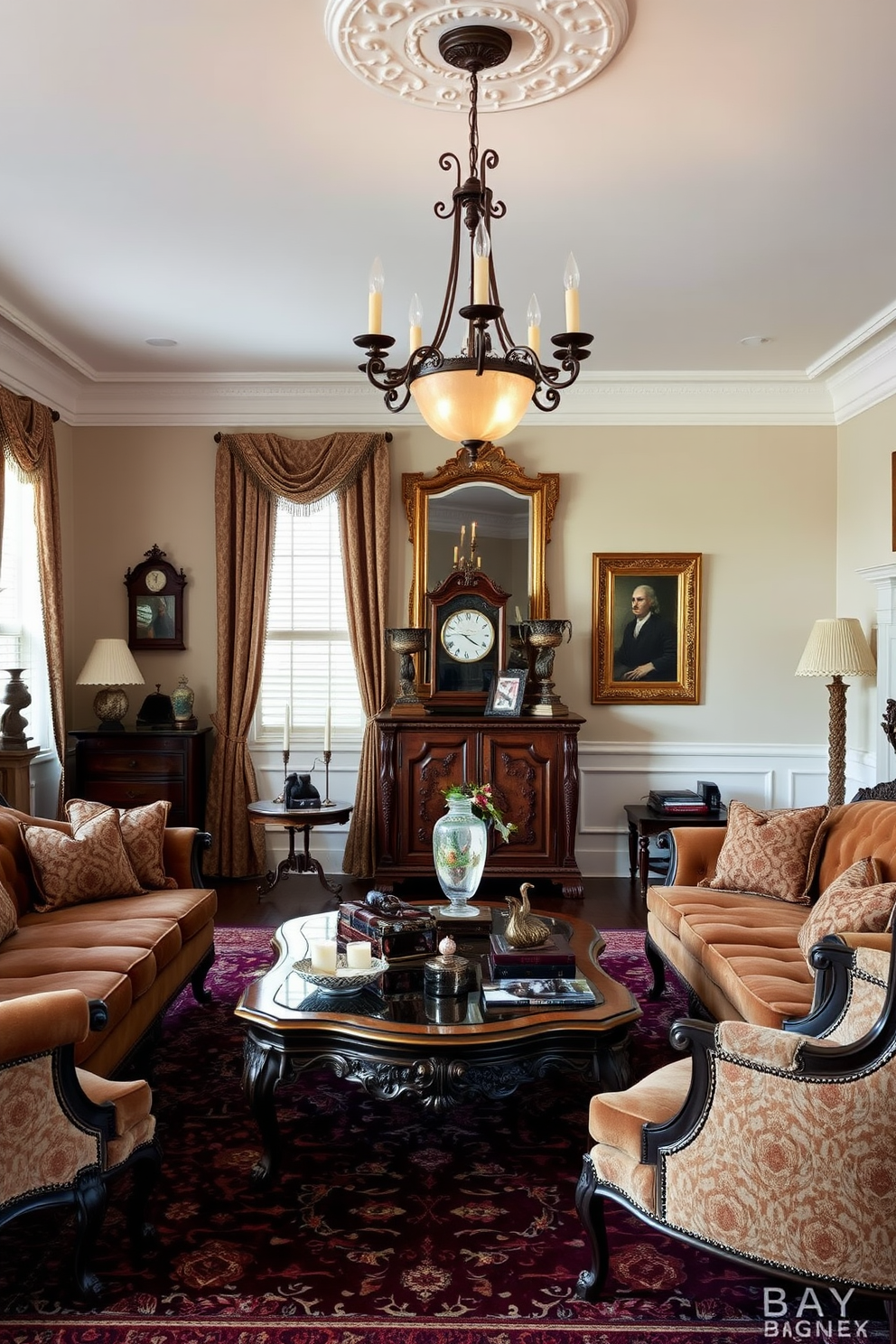 Layered lighting creates a warm and inviting atmosphere in a formal living room. Elegant chandeliers hang from the ceiling, complemented by wall sconces and table lamps that provide soft illumination. The design features plush seating arranged around a sophisticated coffee table. Rich fabrics and textures are used throughout, with a color palette that includes deep blues and gold accents.