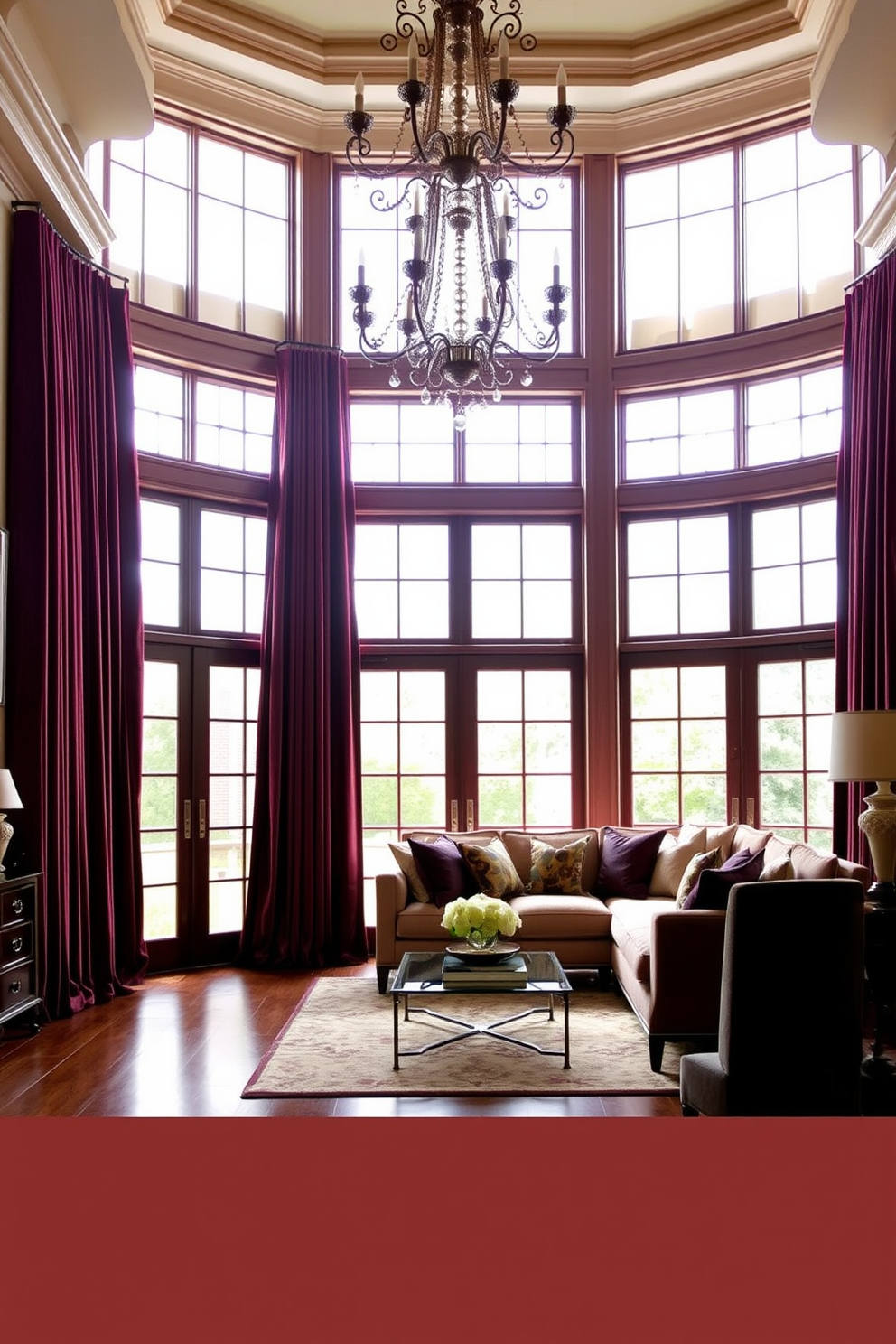 A formal living room features floor-to-ceiling curtains that cascade elegantly to the floor, creating a dramatic effect. The curtains are made of rich velvet in a deep jewel tone, framing large windows that allow natural light to flood the space. The room is adorned with a plush sectional sofa in a neutral color, accented by an array of decorative pillows. A grand chandelier hangs from the ceiling, adding a touch of opulence to the overall design.