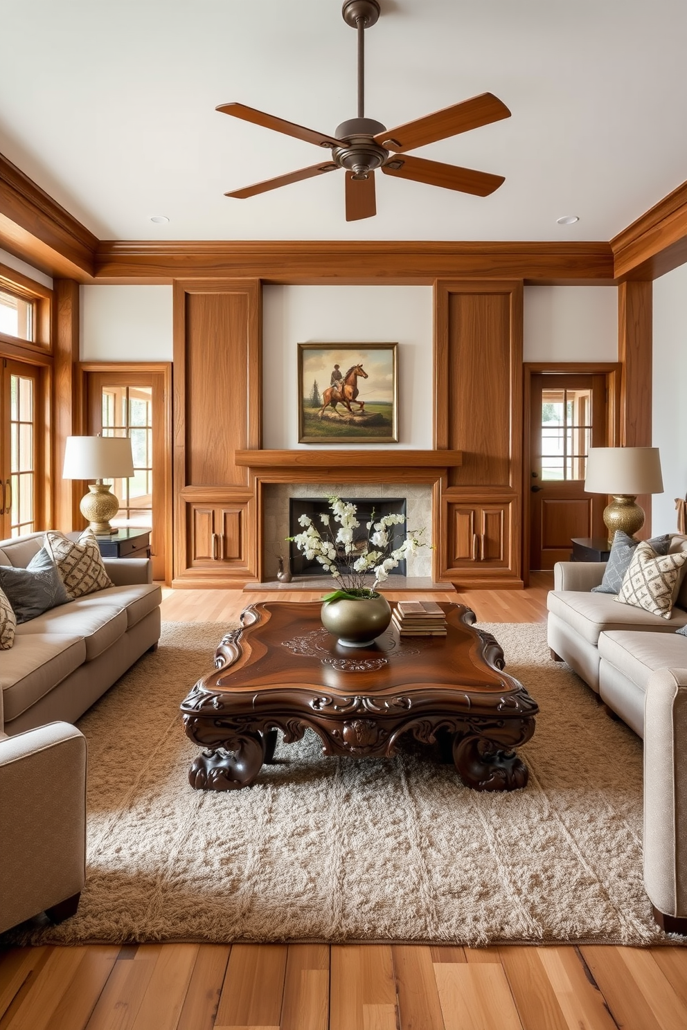 A formal living room featuring natural wood elements that add warmth and texture. The space includes a large wooden coffee table with intricate carvings and plush seating arranged around it, complemented by a cozy area rug.