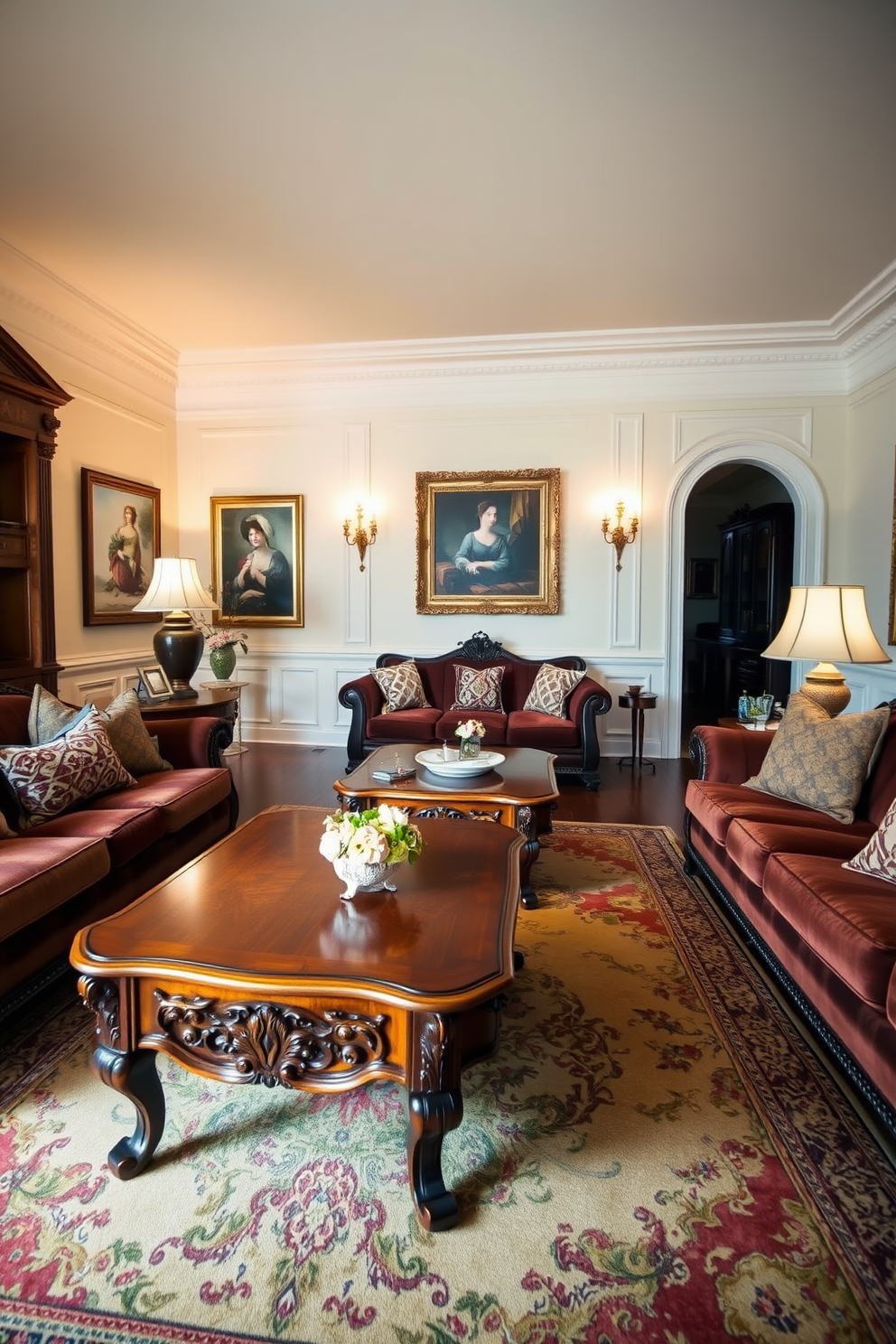 Classic wooden coffee tables with intricate carvings take center stage in this elegant living room. The space is adorned with plush sofas in rich fabrics, complemented by soft lighting that enhances the warm ambiance. The walls are painted in a soft cream color, providing a perfect backdrop for tasteful artwork. A beautiful area rug anchors the seating arrangement, adding texture and comfort to the overall design.