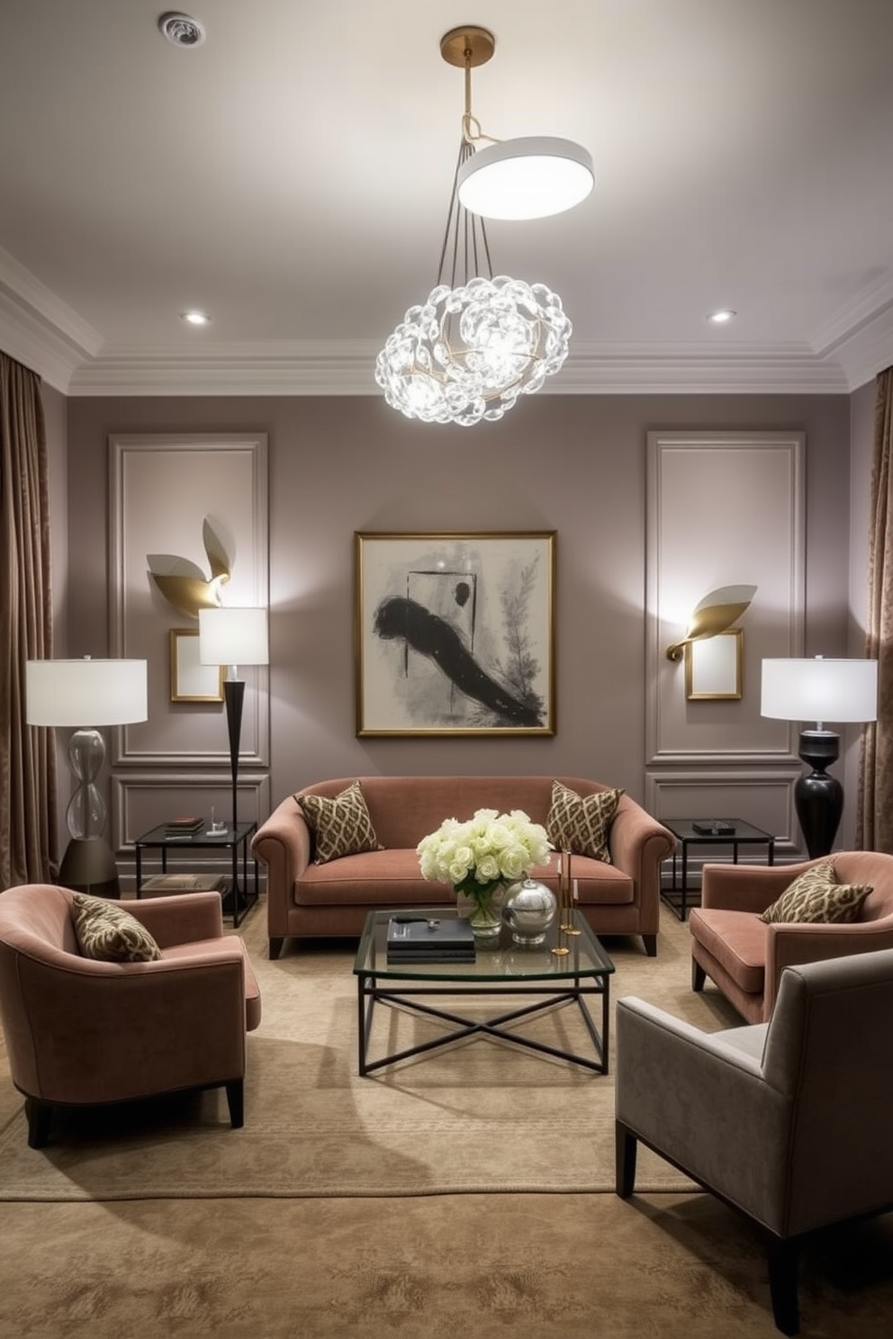 A formal living room featuring unique lighting fixtures that serve as conversation starters. The space is elegantly furnished with a plush sofa and a pair of armchairs, complemented by a stylish coffee table at the center. The lighting includes a striking chandelier above, paired with sculptural floor lamps in the corners. Rich textures and a sophisticated color palette enhance the overall ambiance of the room.