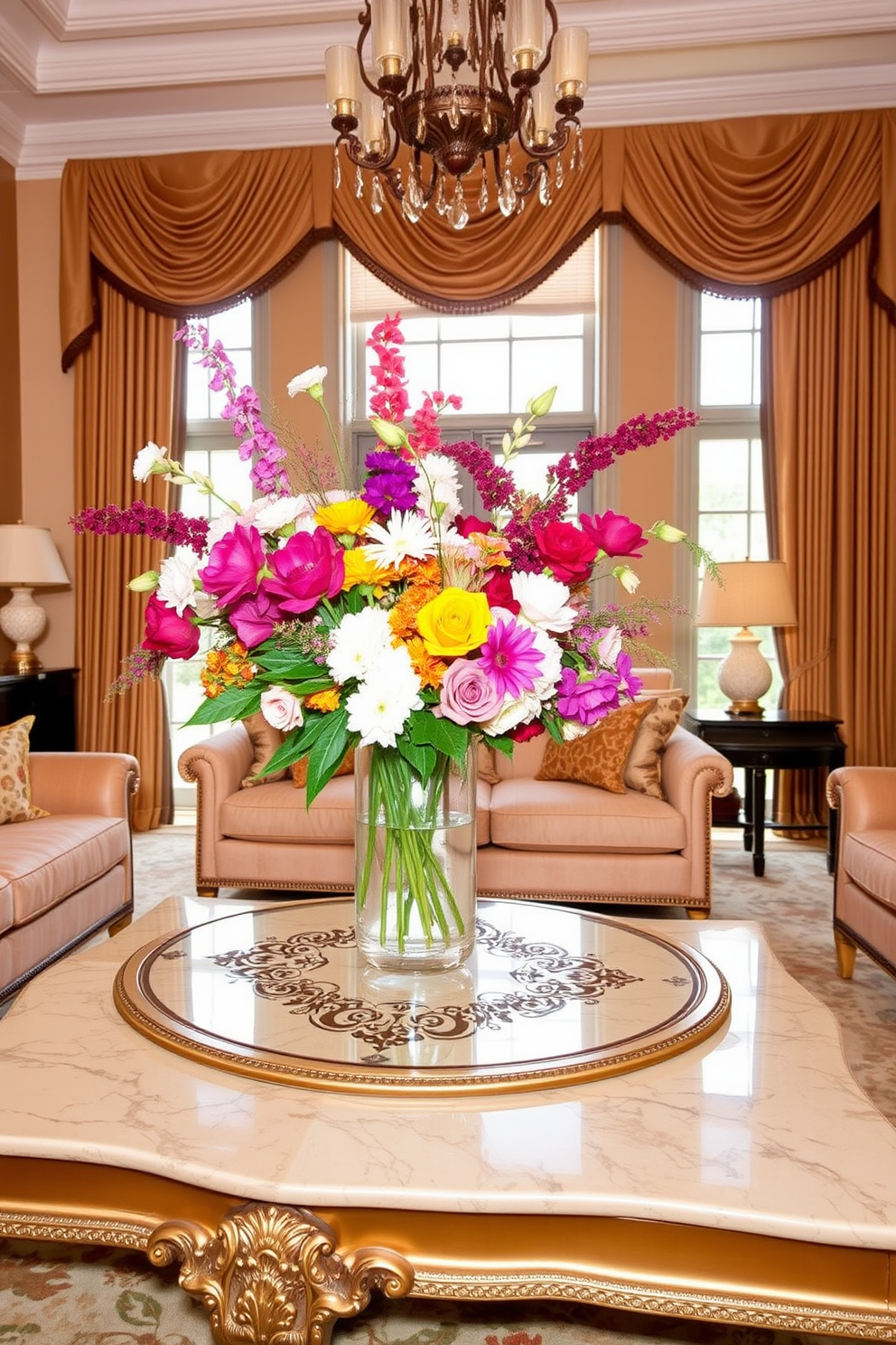 Elegant floral arrangements for fresh decor. The room features a large, ornate coffee table adorned with a variety of vibrant flowers in a chic vase, enhancing the overall ambiance. Formal Living Room Design Ideas. The space is designed with plush sofas in rich fabrics, complemented by elegant drapes that frame tall windows, allowing natural light to filter in beautifully.