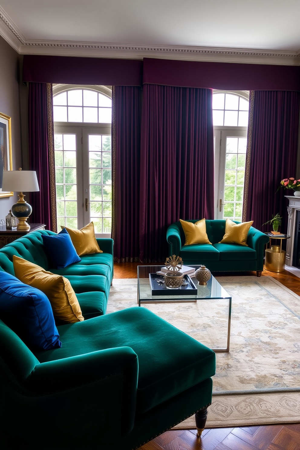 A formal living room featuring muted tones complemented by pops of jewel colors. The space includes a plush velvet sofa in deep emerald green, accented with gold and sapphire throw pillows. A large area rug in soft beige anchors the room, while a sleek glass coffee table sits in the center. Tall windows draped with rich burgundy curtains allow natural light to filter in, enhancing the elegant atmosphere.