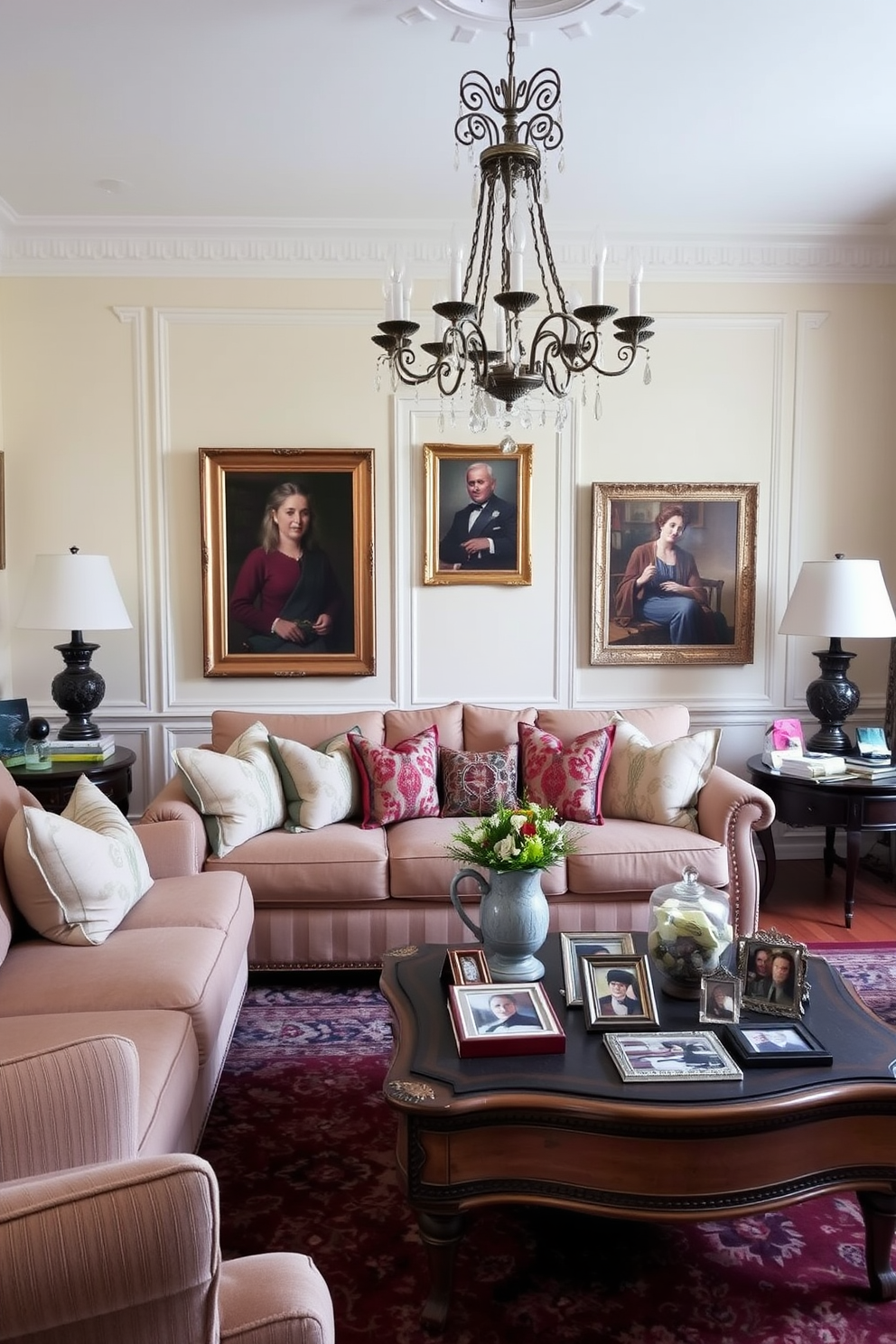 A formal living room featuring personalized decor that showcases family heirlooms. The space includes a plush sofa adorned with custom cushions and a vintage coffee table displaying cherished photographs and decorative items. The walls are painted in a soft cream color, creating an inviting backdrop for elegant artwork. A grand chandelier hangs from the ceiling, illuminating the room while a rich area rug anchors the seating arrangement.