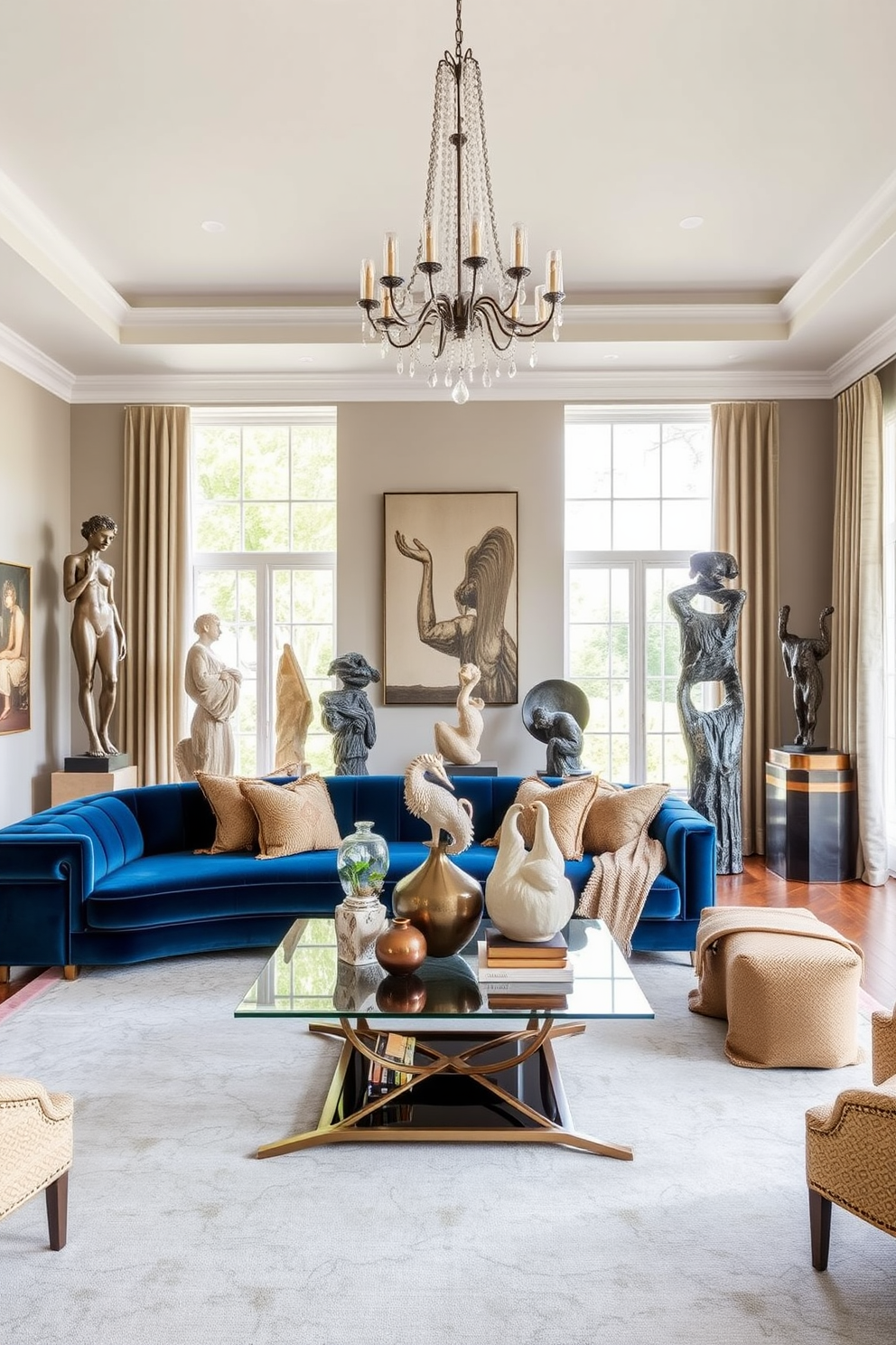 Artistic sculptures are strategically placed throughout the formal living room to create focal points that draw the eye. The room features a plush velvet sofa in deep blue, complemented by an elegant glass coffee table and a statement chandelier overhead. Rich textures and layered fabrics add depth to the space, while large windows allow natural light to flood in, highlighting the intricate details of the sculptures. A neutral color palette serves as a backdrop, allowing the artistic elements to shine and enhance the overall aesthetic of the room.