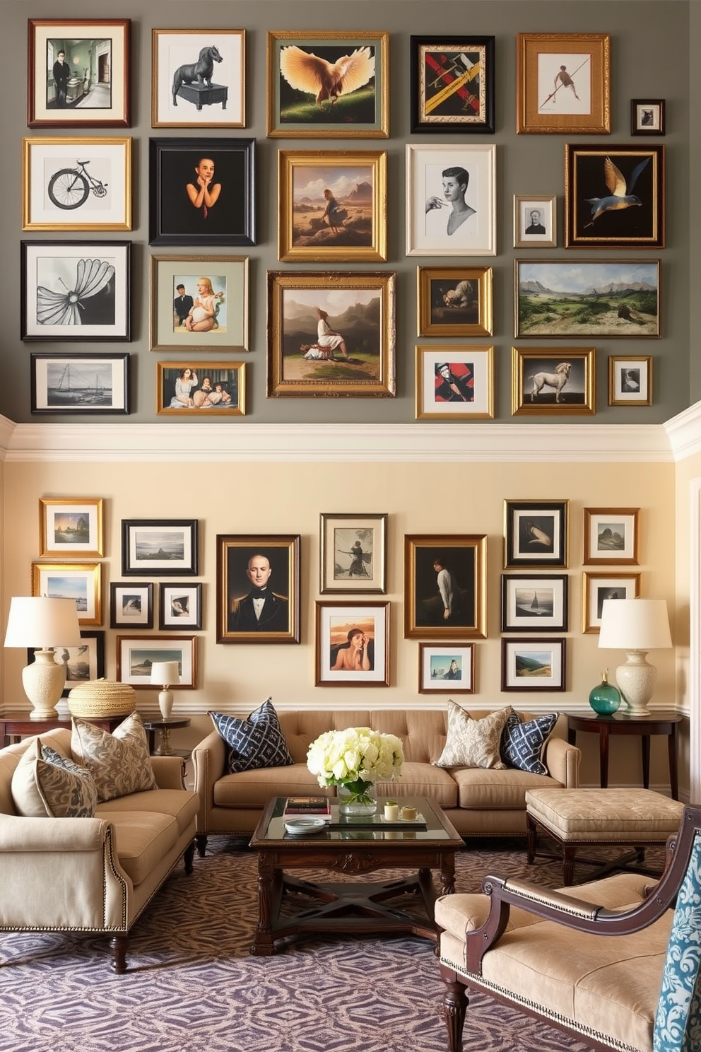 Curated gallery walls with framed art pieces create a striking visual impact in any space. The walls are adorned with a mix of contemporary and classic artworks, arranged in a cohesive layout that draws the eye. Formal living room design ideas feature elegant furnishings and sophisticated color palettes. Plush sofas in rich fabrics are complemented by ornate coffee tables and decorative accessories that enhance the overall ambiance.