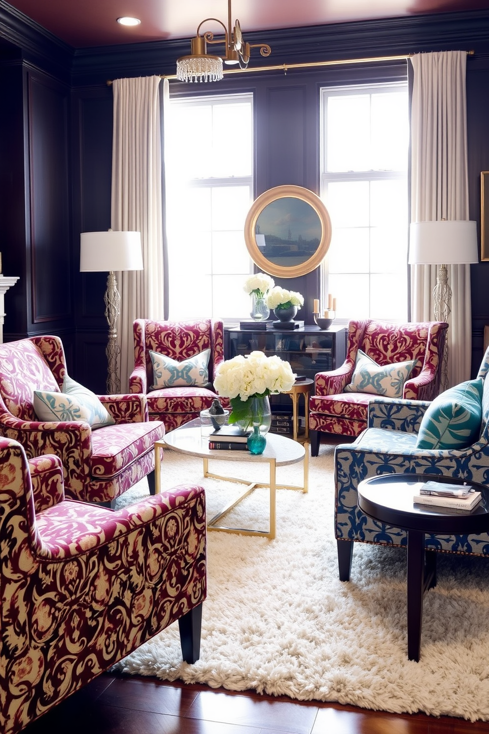 Chic armchairs upholstered in bold patterned fabrics create a striking focal point in a formal living room. The chairs are positioned around an elegant coffee table, with a plush area rug anchoring the space and adding warmth to the sophisticated atmosphere.