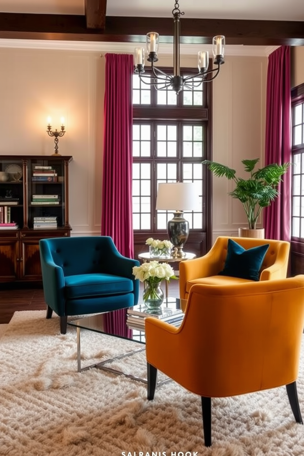 Chic accent chairs in unexpected colors create a vibrant focal point in a formal living room. The chairs are upholstered in rich jewel tones, paired with a sleek glass coffee table and plush area rug to enhance the sophisticated atmosphere.