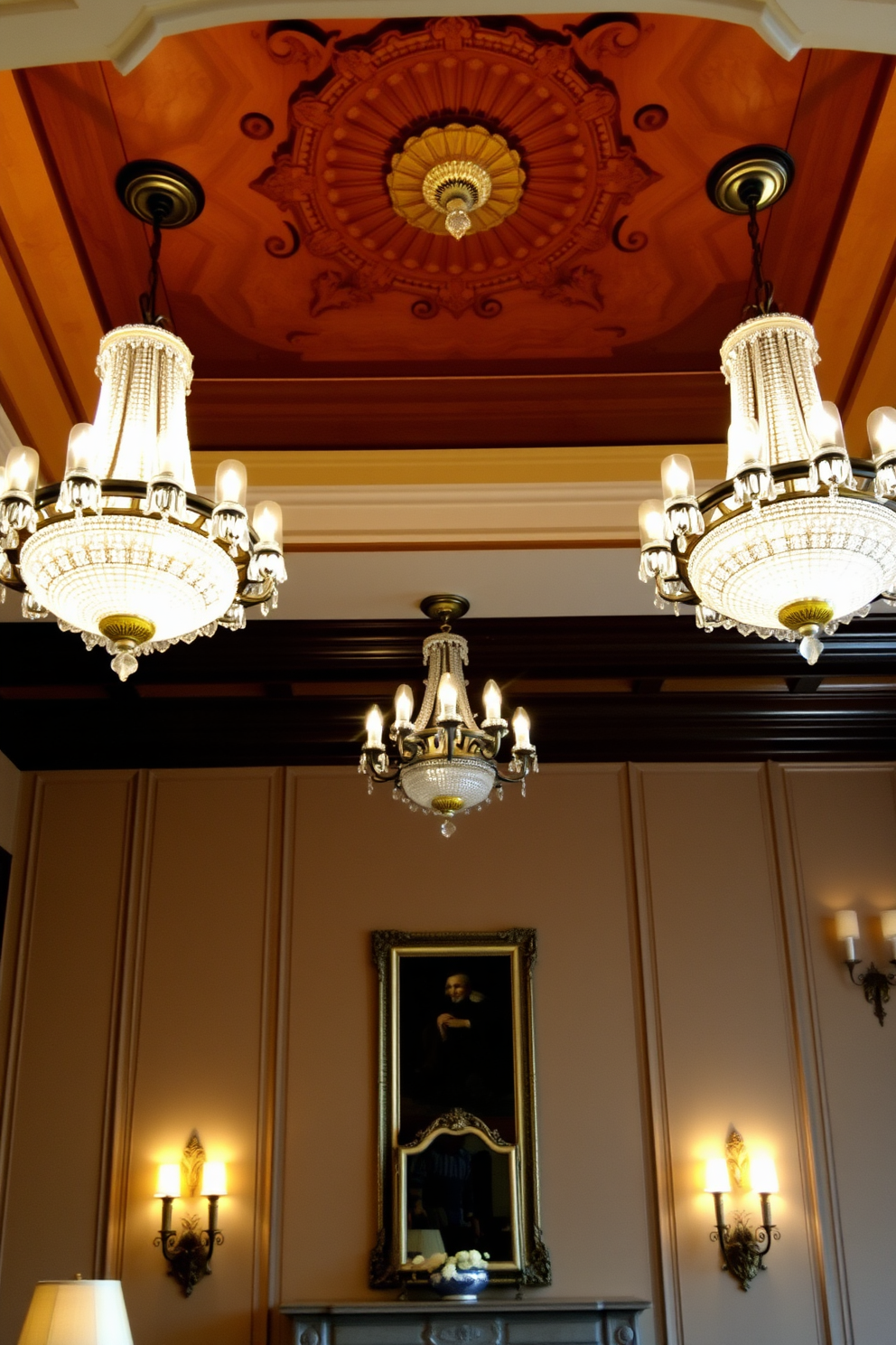 A formal living room adorned with layered lighting featuring elegant chandeliers hanging from a beautifully crafted ceiling. Sconces mounted on the walls provide additional illumination, highlighting the rich textures and colors of the room's décor.