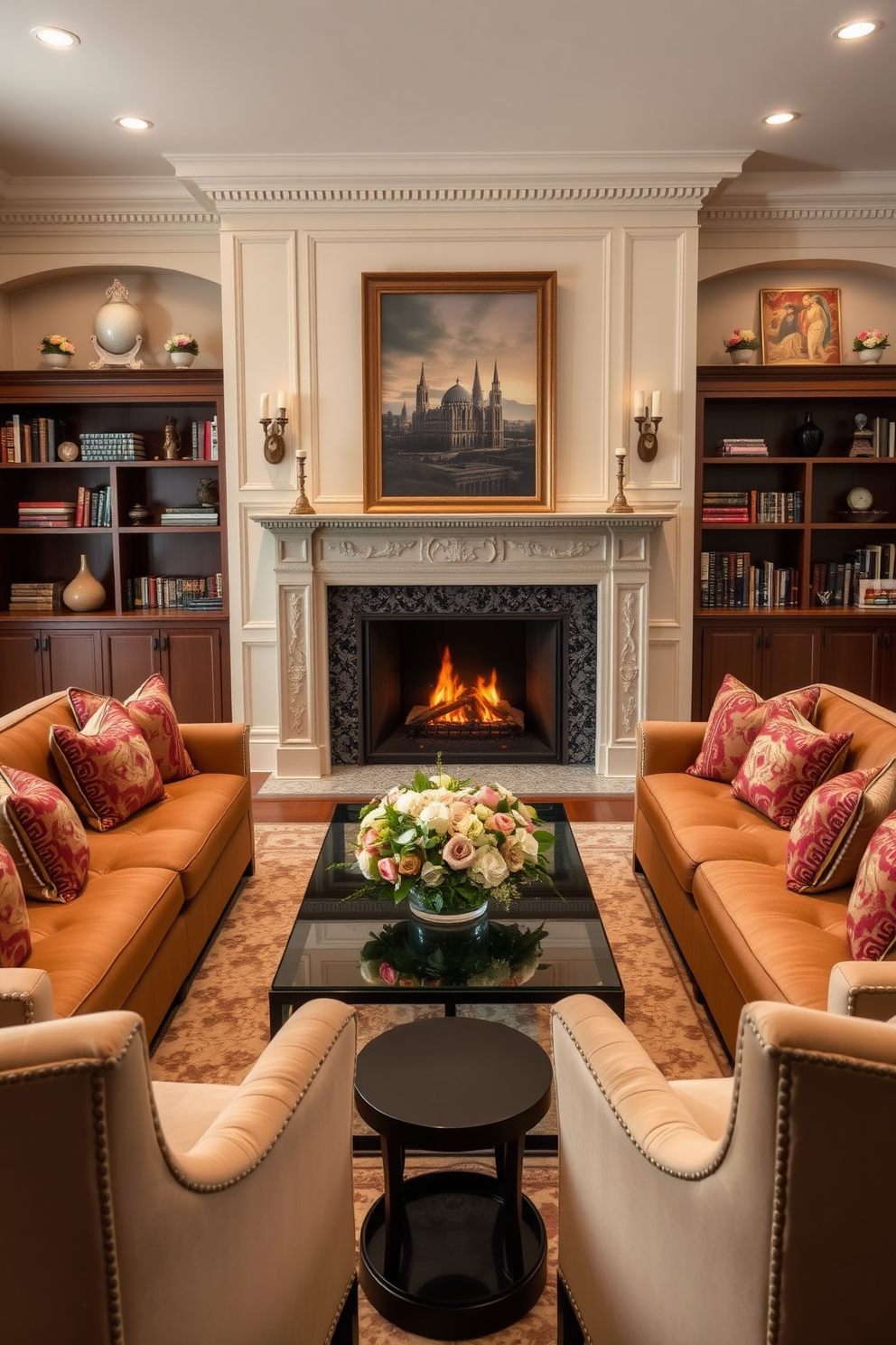 A statement coffee table with a unique design serves as the focal point of this formal living room. The room features plush seating upholstered in rich fabrics, complemented by elegant decorative accents and ambient lighting.