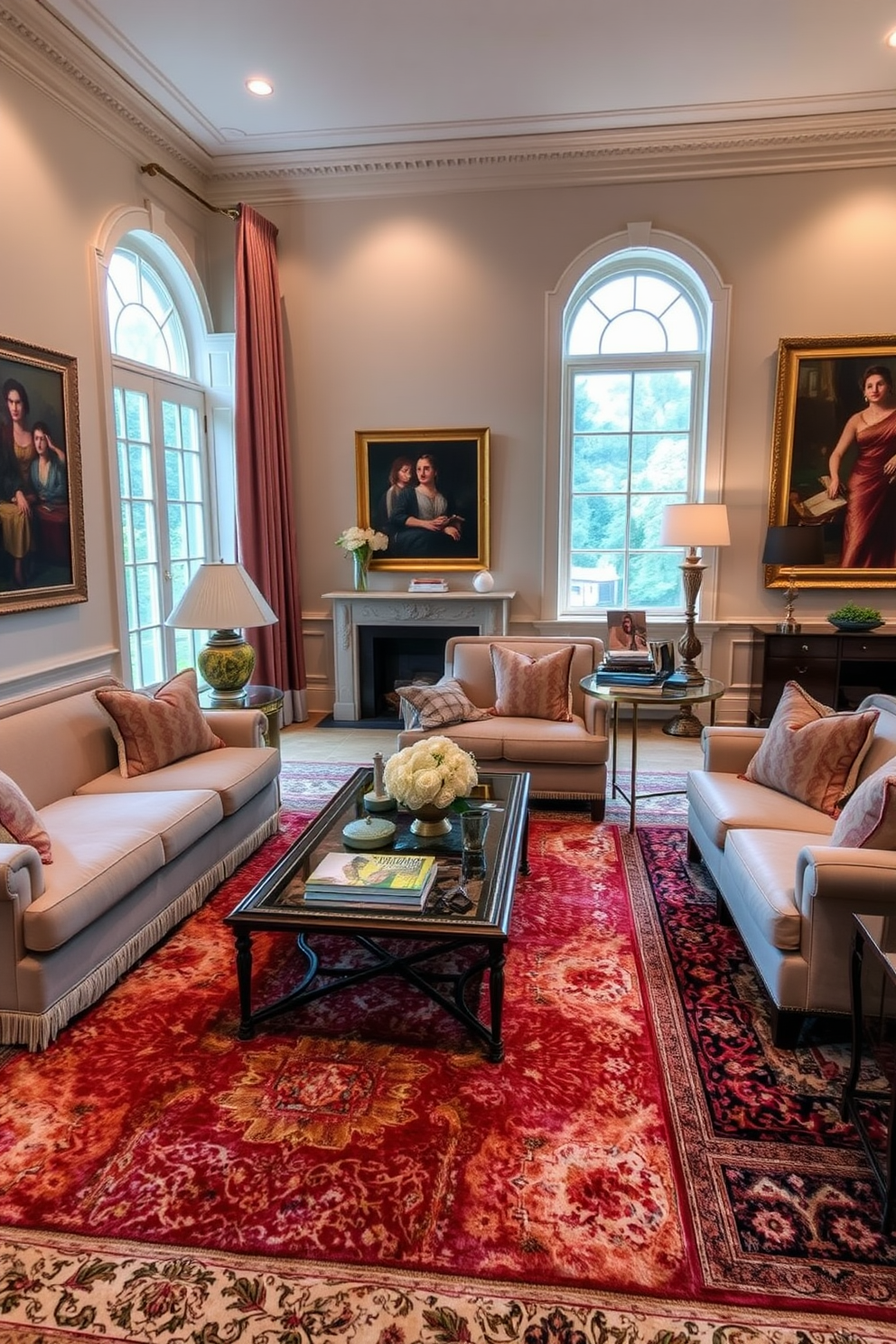 A formal living room features richly textured rugs that define the different areas within the space. Plush seating arrangements are complemented by elegant coffee tables and tasteful artwork adorning the walls.