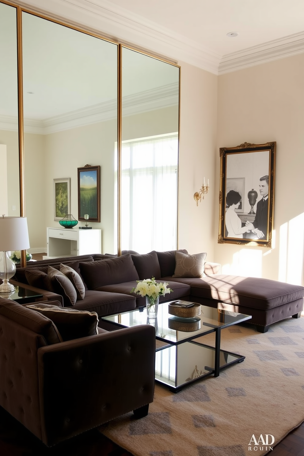 A formal living room featuring large mirrors that reflect natural light and create an airy atmosphere. The space is elegantly furnished with a plush sectional sofa, a glass coffee table, and tasteful art pieces adorning the walls.