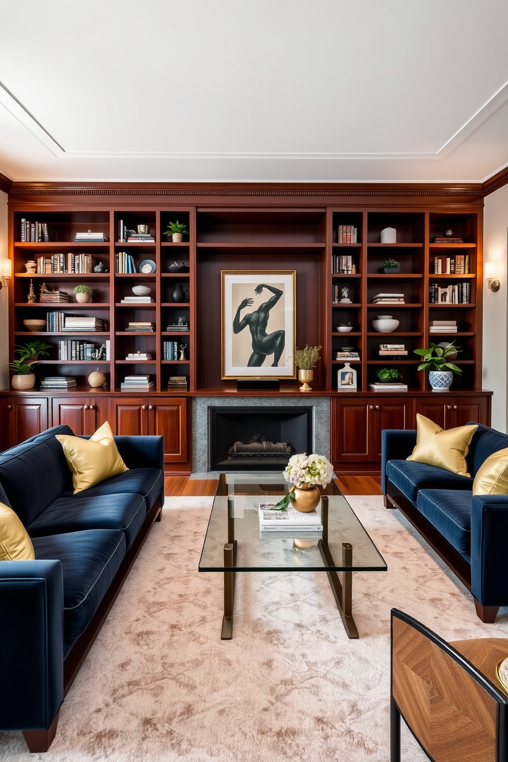 A formal living room features elegant built-in bookshelves that stretch from floor to ceiling. These shelves are filled with a curated selection of books and decorative objects, adding both style and functionality to the space. The room is adorned with plush seating arrangements, including a luxurious sofa and armchairs. A tasteful coffee table sits at the center, complemented by a chic area rug that ties the whole design together.