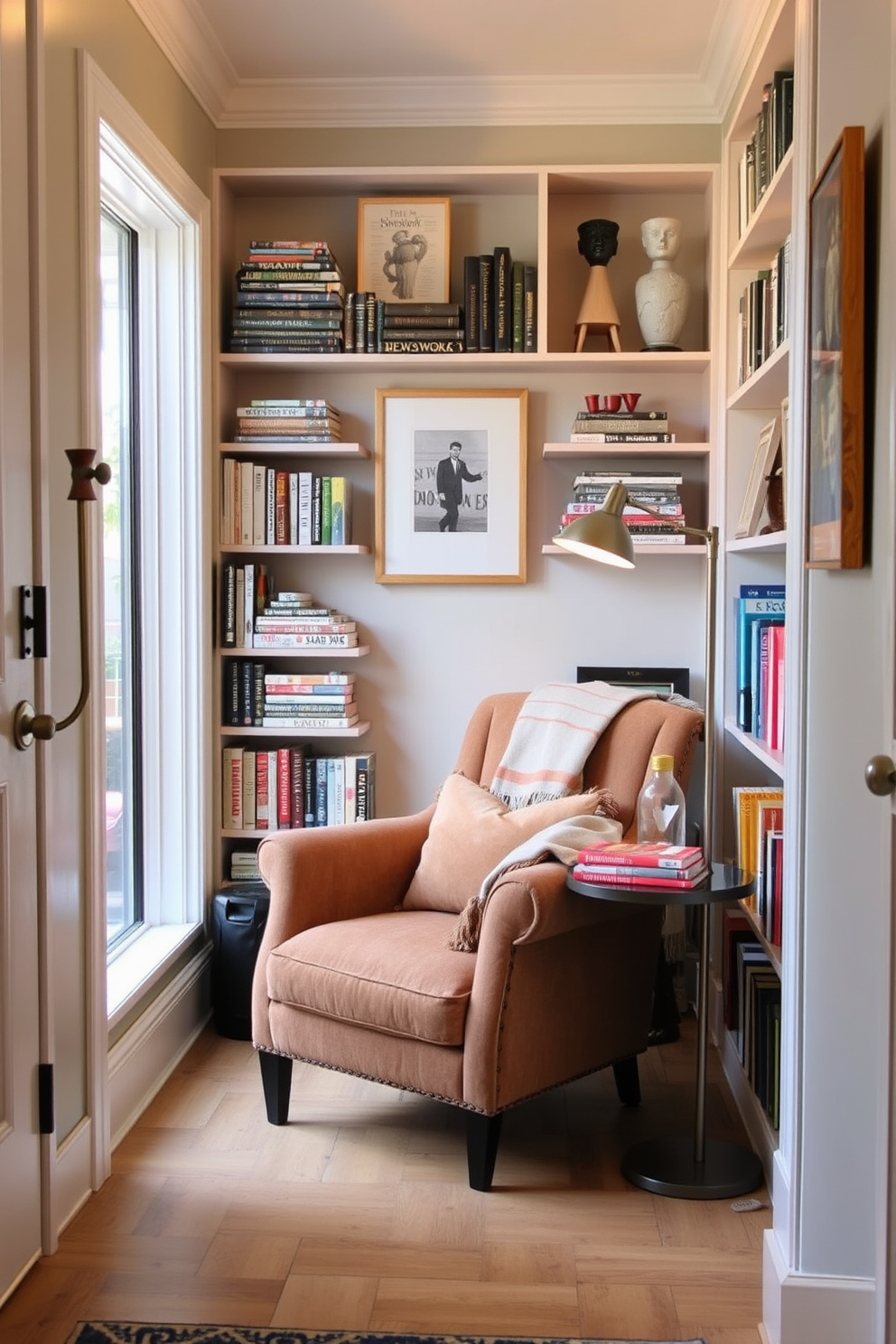 Create a cozy reading nook in a corner of the foyer. Incorporate a plush armchair in a warm fabric, a small side table for books and a soft throw blanket draped over the chair. Add a floor lamp with a soft glow to illuminate the space during evenings. Surround the nook with shelves filled with books and personal decor to create an inviting atmosphere.