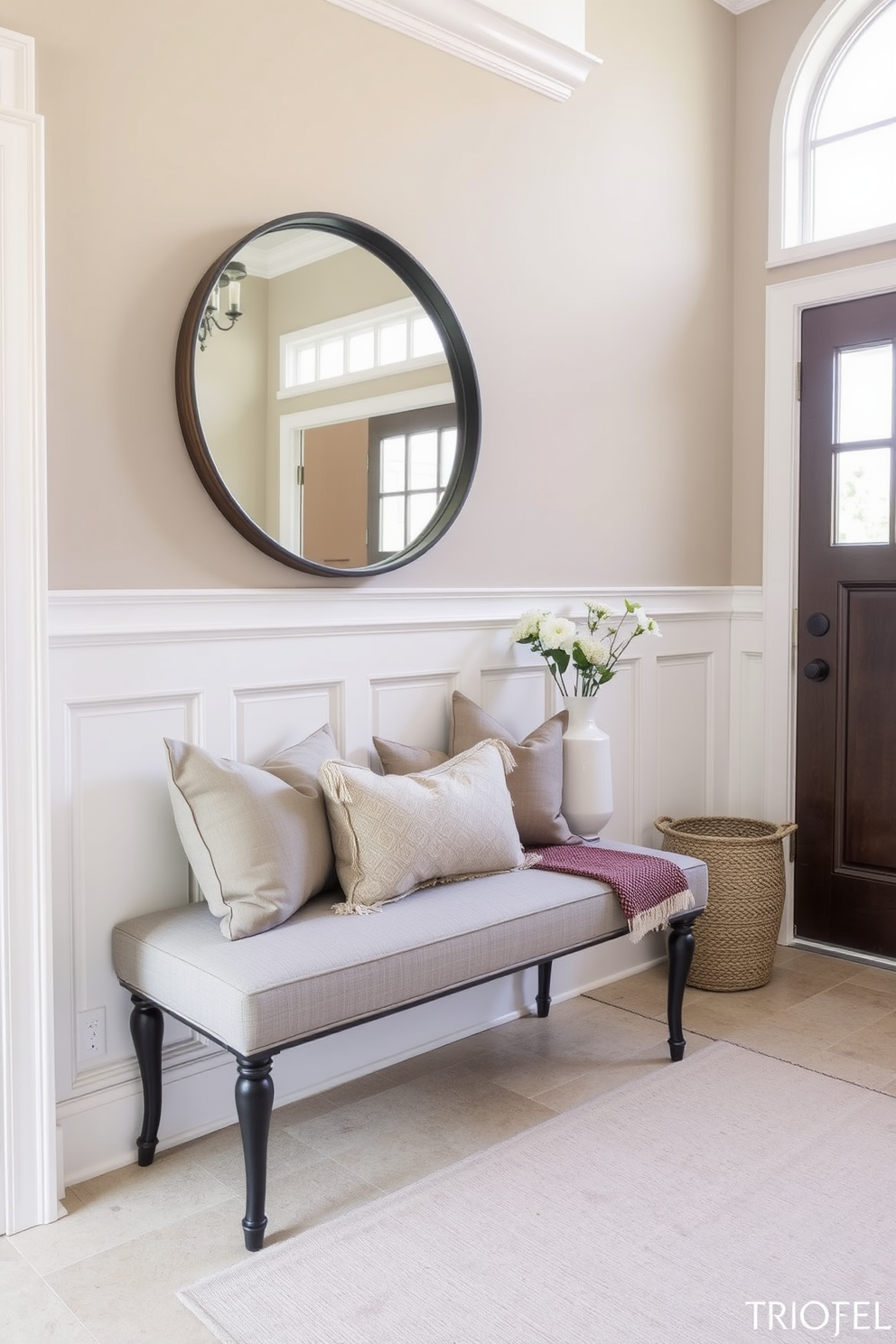 A welcoming foyer with a stylish bench for seating. The bench is upholstered in a soft gray fabric, complemented by decorative pillows in muted tones. The walls are adorned with elegant wainscoting painted in a warm white hue. A large round mirror hangs above the bench, reflecting the natural light from a nearby window.