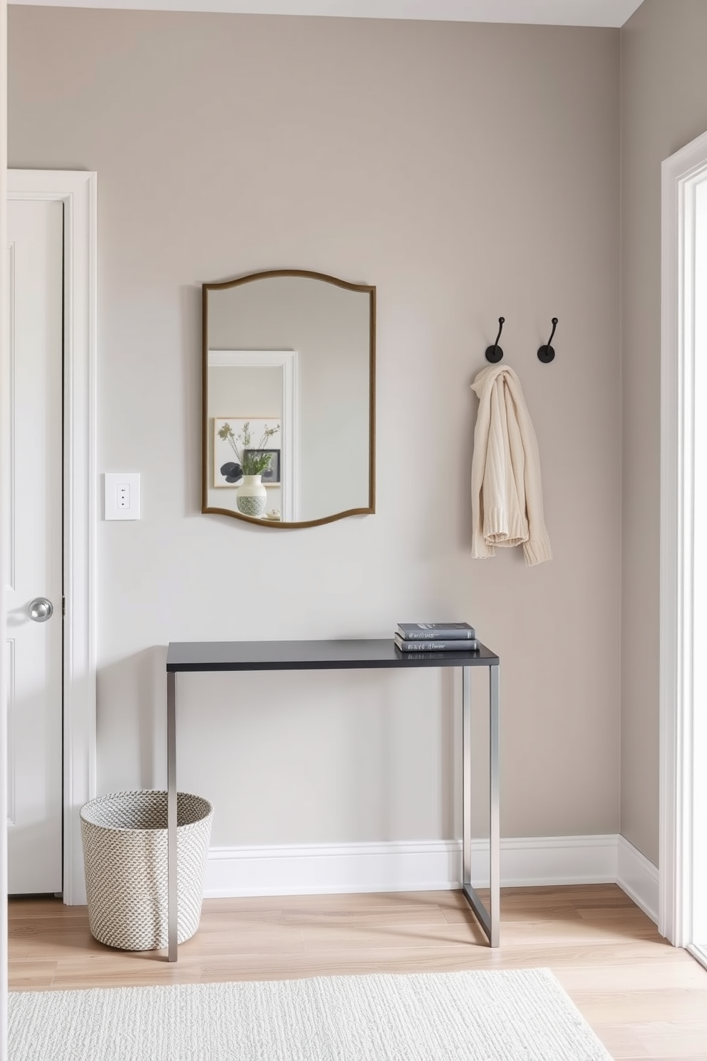 A welcoming foyer design featuring a sleek console table against the wall with a decorative mirror above it. Hooks for easy coat storage are mounted on the wall, providing both functionality and style, while a soft area rug adds warmth to the space.