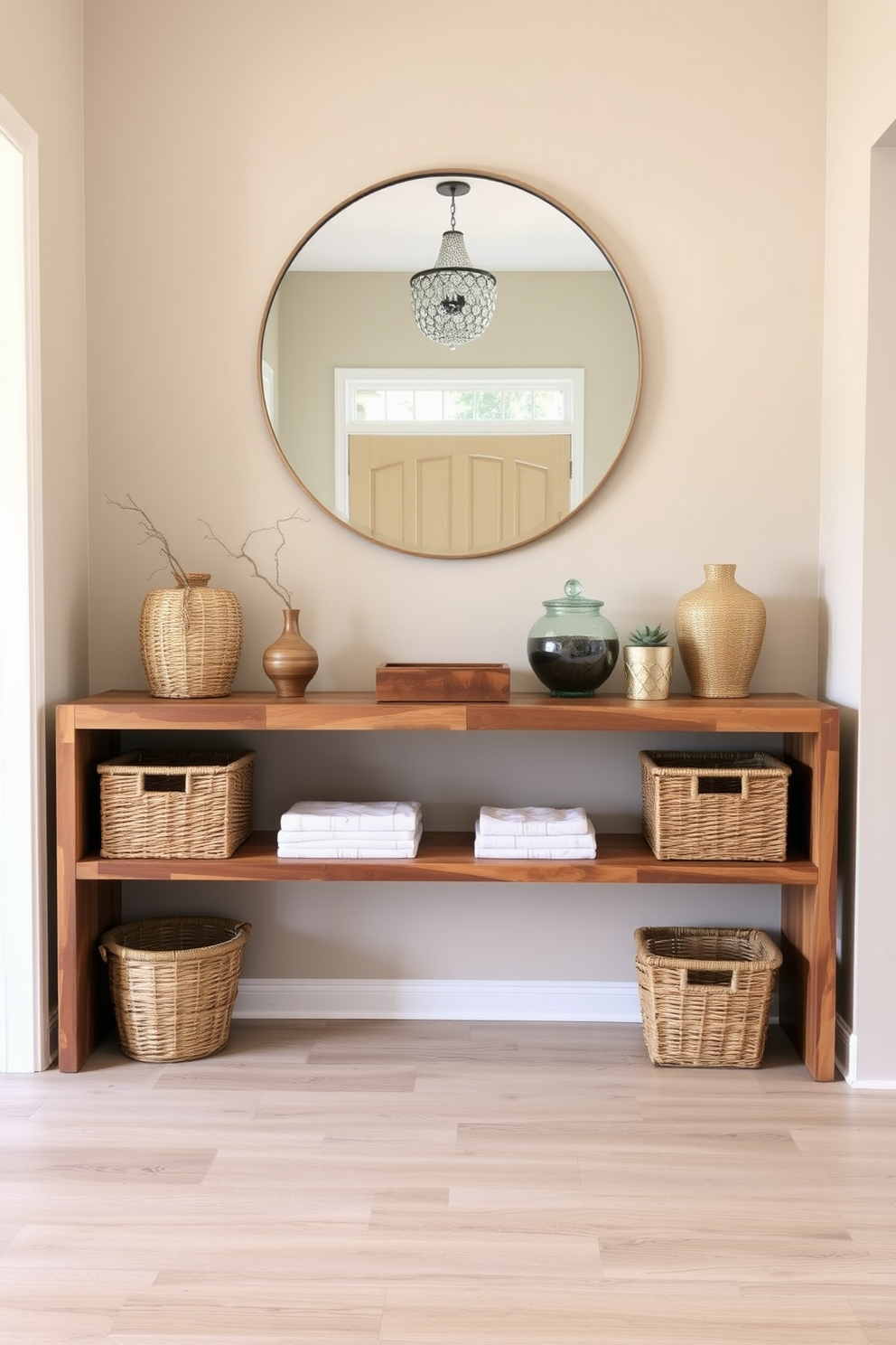 A welcoming foyer with a sleek console table made of reclaimed wood. Flanking the table are decorative baskets in natural fibers for organization, adding warmth and texture to the space. The walls are painted in a soft beige hue, creating an inviting atmosphere. A large round mirror hangs above the console, reflecting light and enhancing the sense of space.