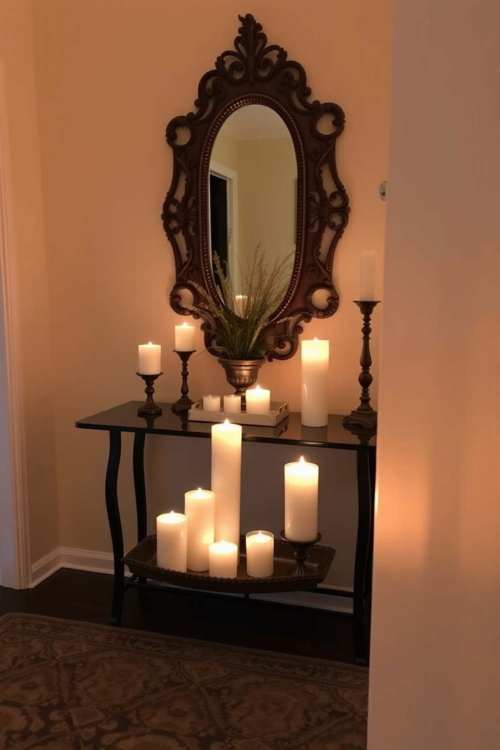 A welcoming foyer with a warm ambiance created by strategically placed candles. The space features a console table adorned with a decorative tray holding assorted candles of varying heights. Soft lighting illuminates the area, highlighting a beautiful mirror above the table. The walls are painted in a soft cream color, complemented by a patterned area rug that adds a touch of elegance.