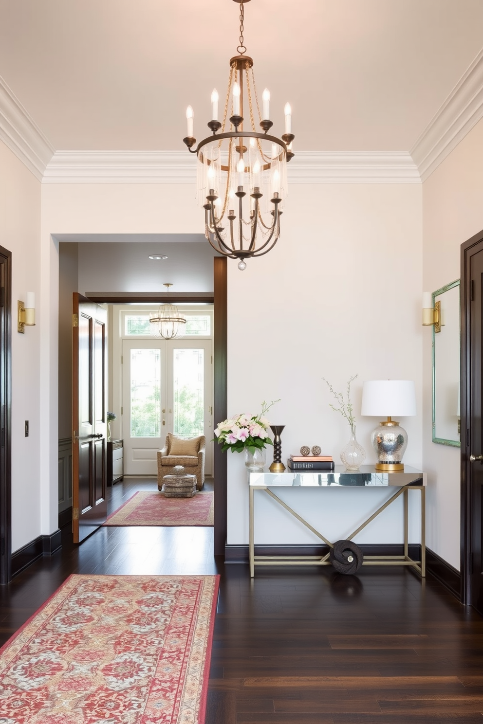 A welcoming foyer that combines elegance and functionality. The space features a grand chandelier that casts a warm glow, complemented by wall sconces on either side of a large mirror. The floor is adorned with a patterned area rug that adds texture and color. A console table is placed against the wall, decorated with fresh flowers and stylish decor items.