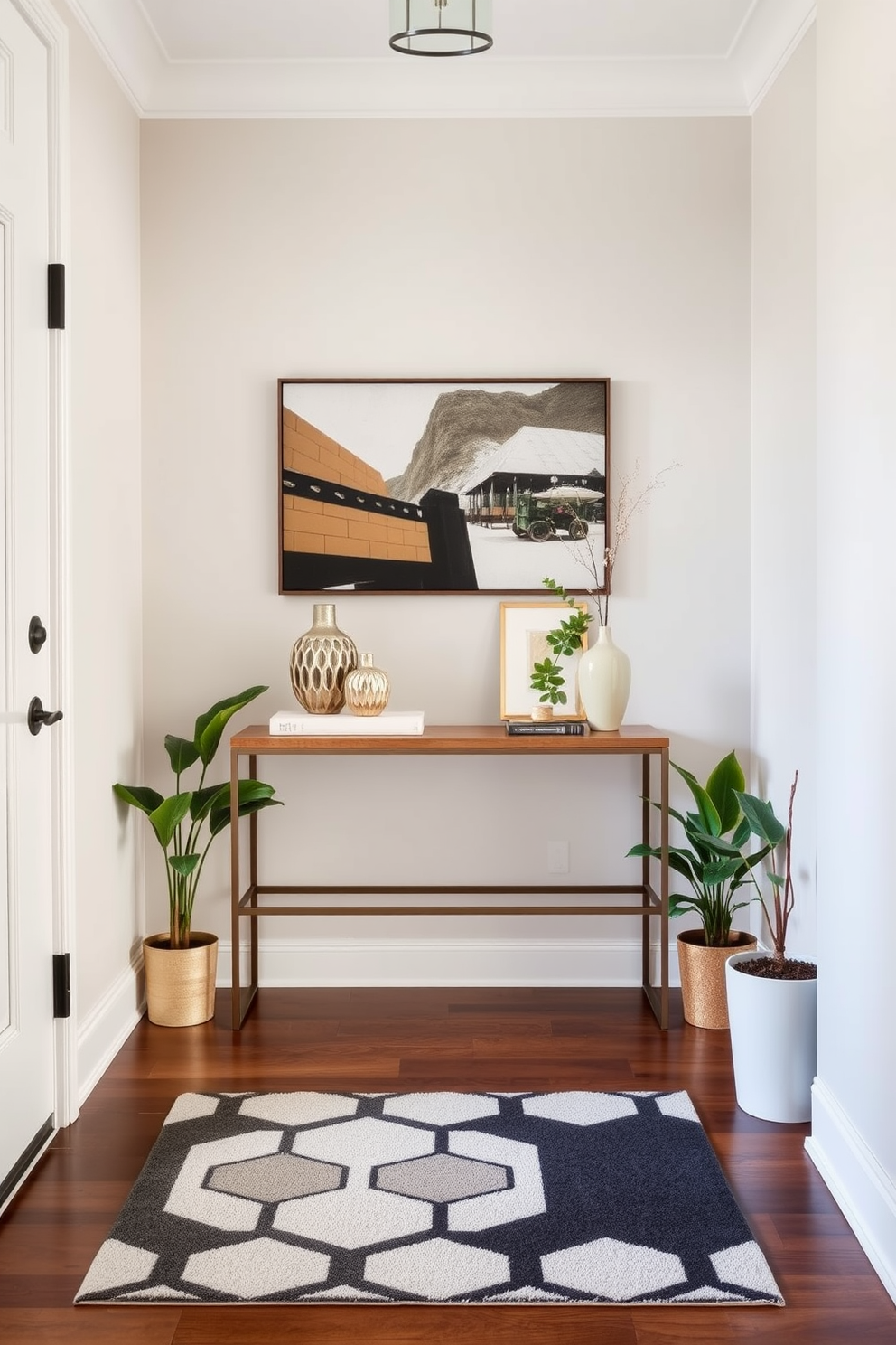 A stylish door mat welcomes guests into the entry foyer, setting the tone for the entire space. Consider a mat with a bold geometric pattern in neutral tones to complement the surrounding decor. Incorporate a sleek console table against the wall, adorned with decorative items such as a statement vase and a small mirror. Flank the table with potted plants for a touch of greenery, enhancing the inviting atmosphere of the foyer.