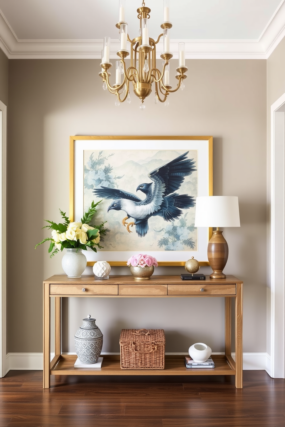 Create a stunning foyer that welcomes guests with elegance and style. Incorporate a large piece of artwork as a focal point, drawing the eye and setting the tone for the rest of the home. Use a console table beneath the artwork to display decorative items and fresh flowers. Choose a color palette that complements the artwork and enhances the overall ambiance of the space.