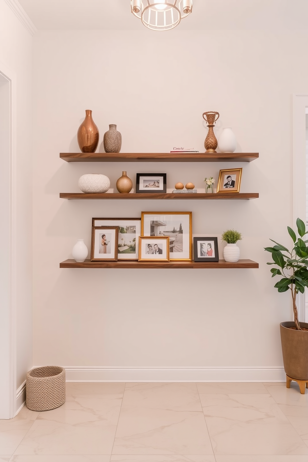 A welcoming foyer design featuring elegant floating shelves on the wall for decor display. The shelves are adorned with a mix of decorative vases, framed photos, and small potted plants, creating a warm and inviting atmosphere.