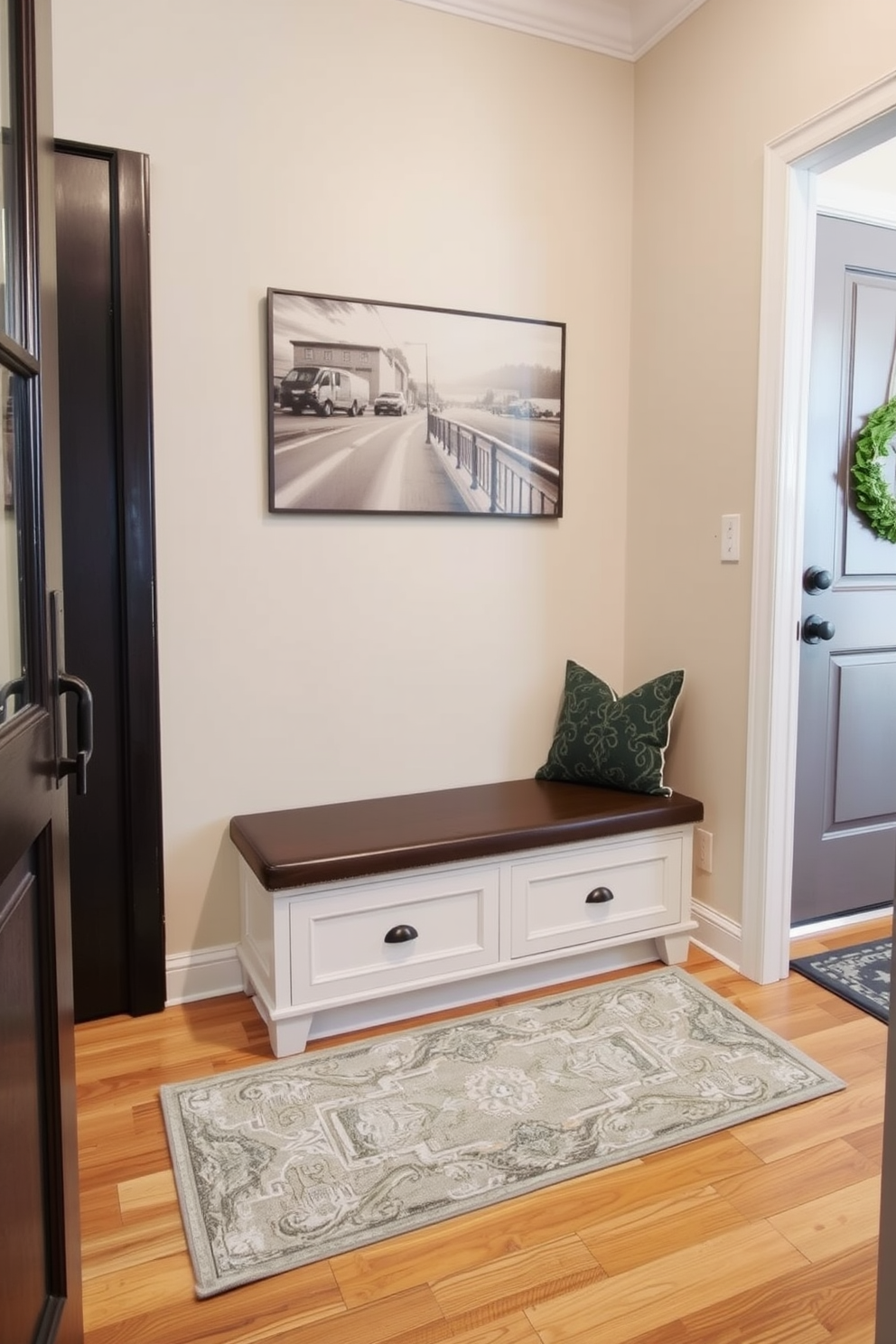 A welcoming foyer with a small bench that includes built-in storage underneath. The walls are painted in a soft beige color, and a stylish area rug lies beneath the bench, adding warmth and texture to the space.