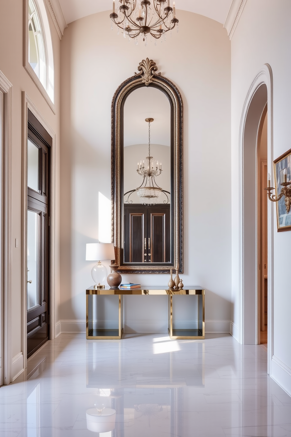 A stunning foyer with an elegant design that utilizes mirrors to enhance depth and light. The space features a grand entrance with a high ceiling, adorned with a large, ornate mirror that reflects natural light and creates an inviting atmosphere. On one side, a sleek console table is positioned beneath the mirror, showcasing decorative items and a stylish lamp. The walls are painted in a soft, neutral tone, while the flooring boasts a polished marble finish, adding to the overall sophistication of the foyer.