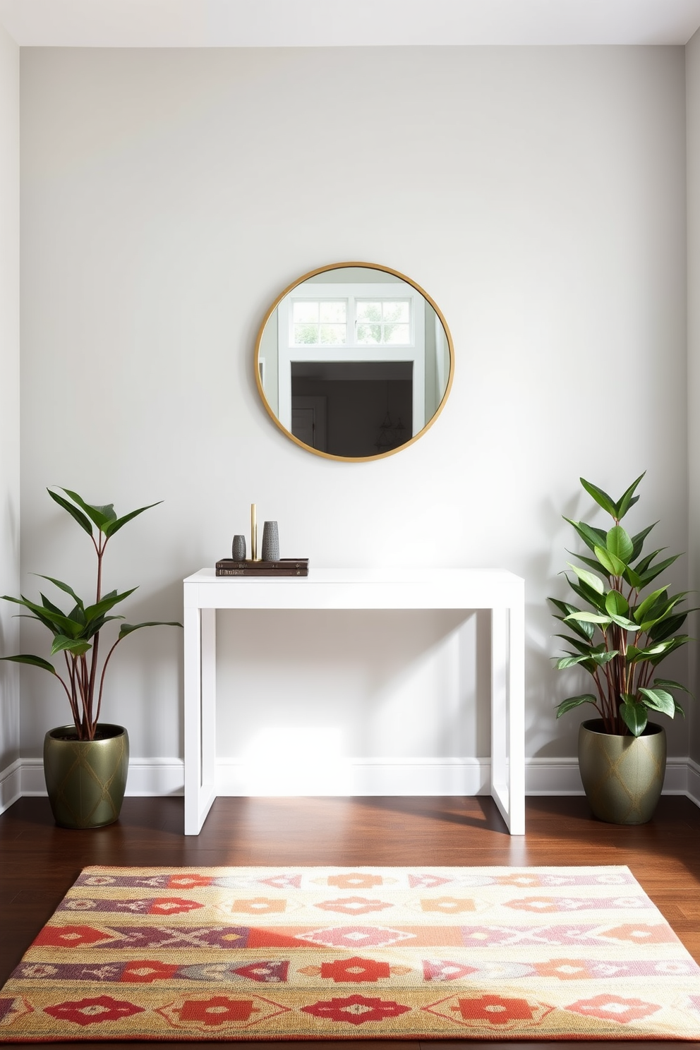 A welcoming foyer that features a sleek console table against a soft gray wall. A large round mirror with a brass frame hangs above the table, reflecting natural light from a nearby window. In the center of the space, a bold area rug adds warmth and texture, showcasing a geometric pattern in rich colors. Potted plants flank the console table, bringing a touch of greenery and life to the entryway.