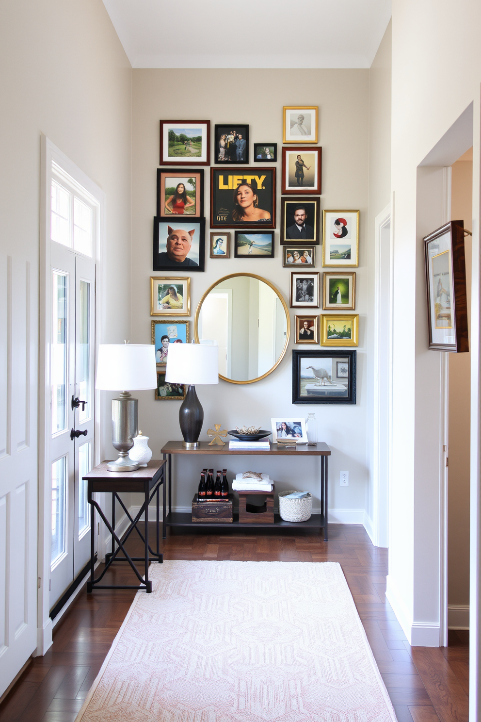 A welcoming foyer filled with natural light. The space features a console table against the wall, adorned with decorative items and a stylish lamp. A gallery wall showcases a collection of personal art pieces in various frames, creating a vibrant focal point. The floor is covered with a soft area rug that complements the color scheme of the room.