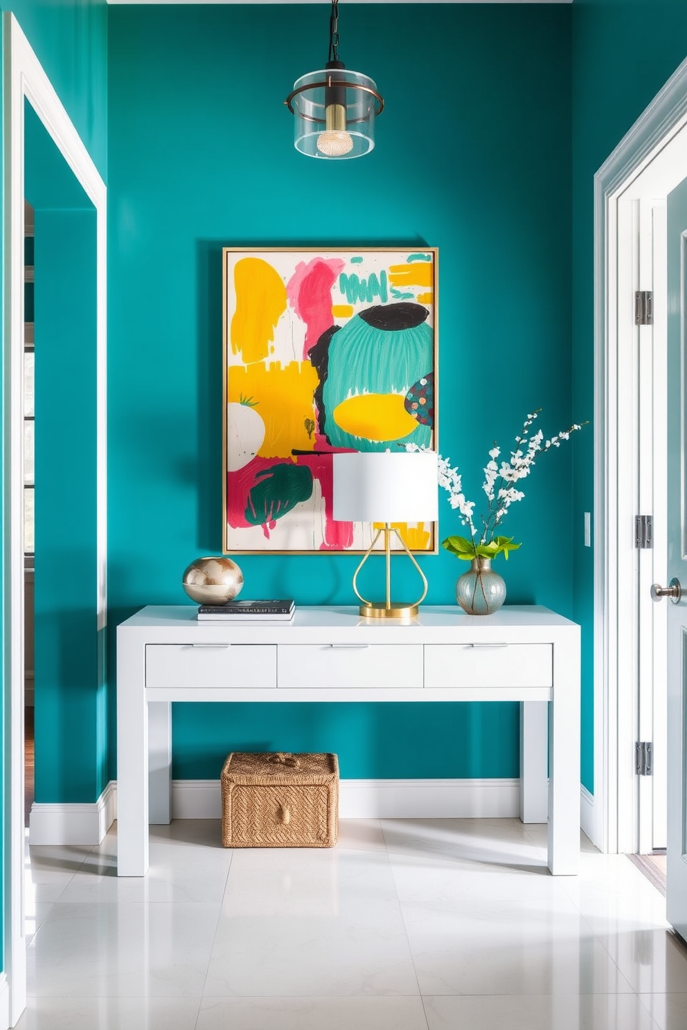 A striking foyer featuring vibrant teal walls that create an immediate sense of energy and welcome. The space includes a sleek console table with a glossy white finish, adorned with a modern lamp and a vibrant abstract painting above it.