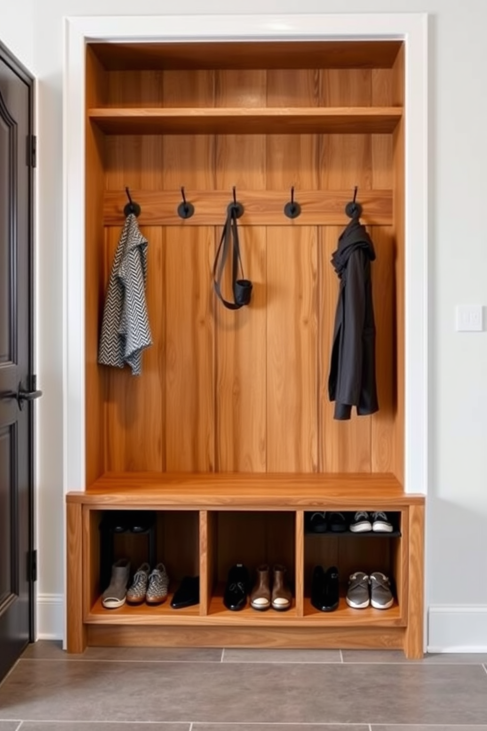 A stylish foyer with built-in storage for shoes and coats. The design features a sleek wooden bench with integrated shoe compartments and a tall coat rack with elegant hooks.