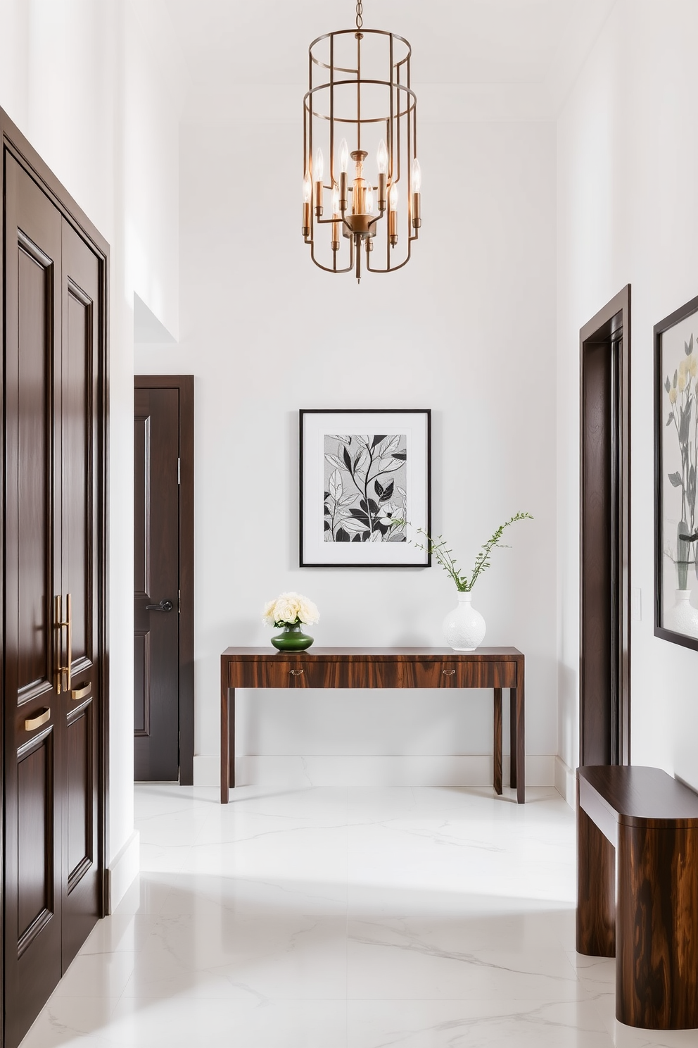 A welcoming foyer space featuring a sleek console table made of dark