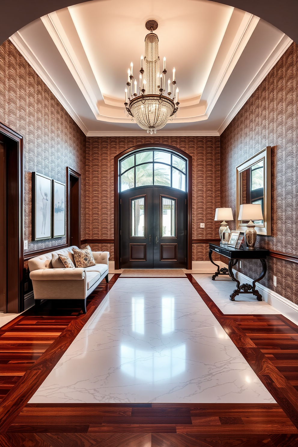 A stunning foyer featuring a grand entrance with a high ceiling and a statement chandelier. The floor is covered in a mix of polished marble and rich hardwood, creating a striking contrast. On one side, a plush upholstered bench with decorative pillows invites guests to sit, while on the opposite side, an elegant console table displays a collection of curated art pieces. The walls are adorned with a textured wallpaper that adds depth, complemented by a large mirror that reflects light and enhances the space.