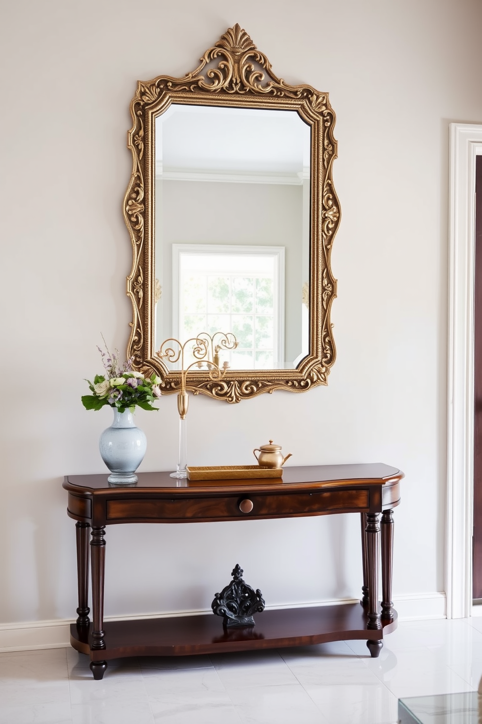 A welcoming console table adorned with fresh flowers greets guests as they enter the foyer. The table is paired with elegant decorative items and a stylish mirror that reflects natural light, creating an inviting atmosphere.