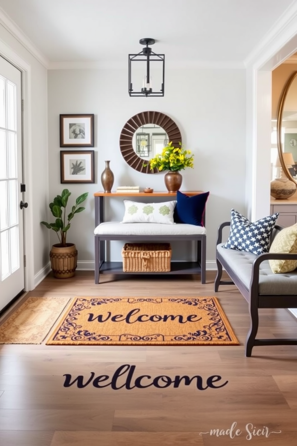 A charming foyer features a personalized welcome mat that greets guests with warmth. The entryway is adorned with a stylish console table, flanked by decorative wall art and a cozy bench for seating.