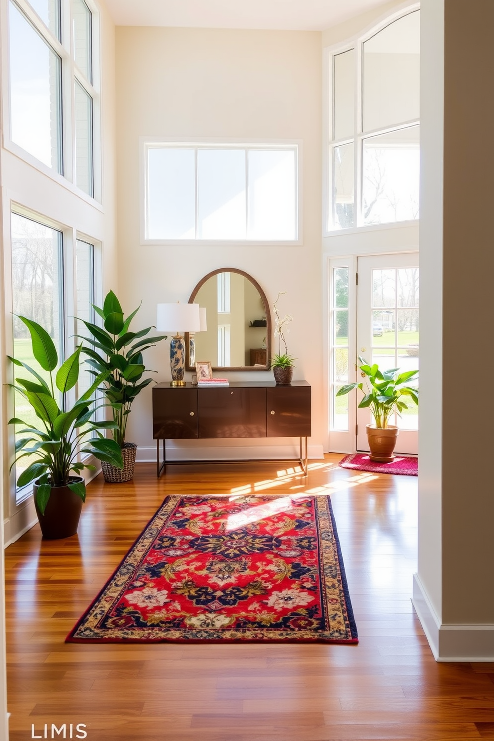 A bright and inviting foyer entryway features large windows that allow natural light to flood the space. The walls are painted in a soft cream color, complemented by a sleek console table adorned with decorative accents and a stylish mirror above it. The flooring consists of polished hardwood, adding warmth to the area. A vibrant area rug lies underfoot, while potted plants placed strategically bring a touch of greenery to the design.