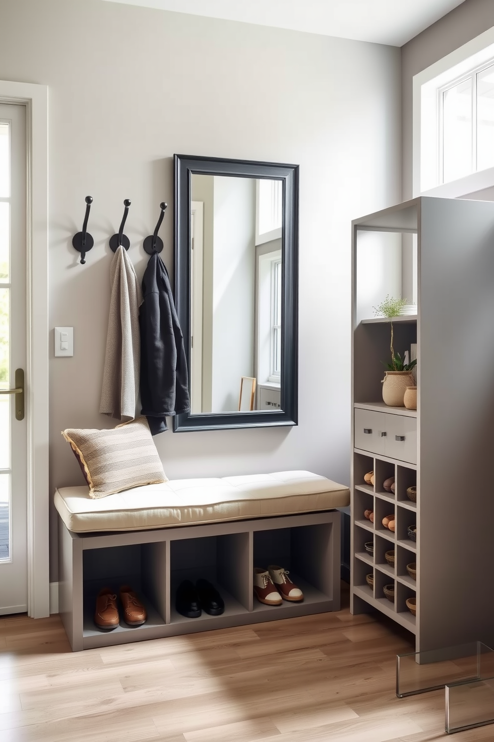 A stylish foyer featuring a built-in shoe storage bench with cushioned seating. The walls are adorned with elegant hooks for coats and a large mirror above the bench to enhance the space. A sleek shoe cabinet with multiple compartments blends seamlessly with the entryway decor. Natural light streams in through a nearby window, illuminating the space and creating a welcoming atmosphere.