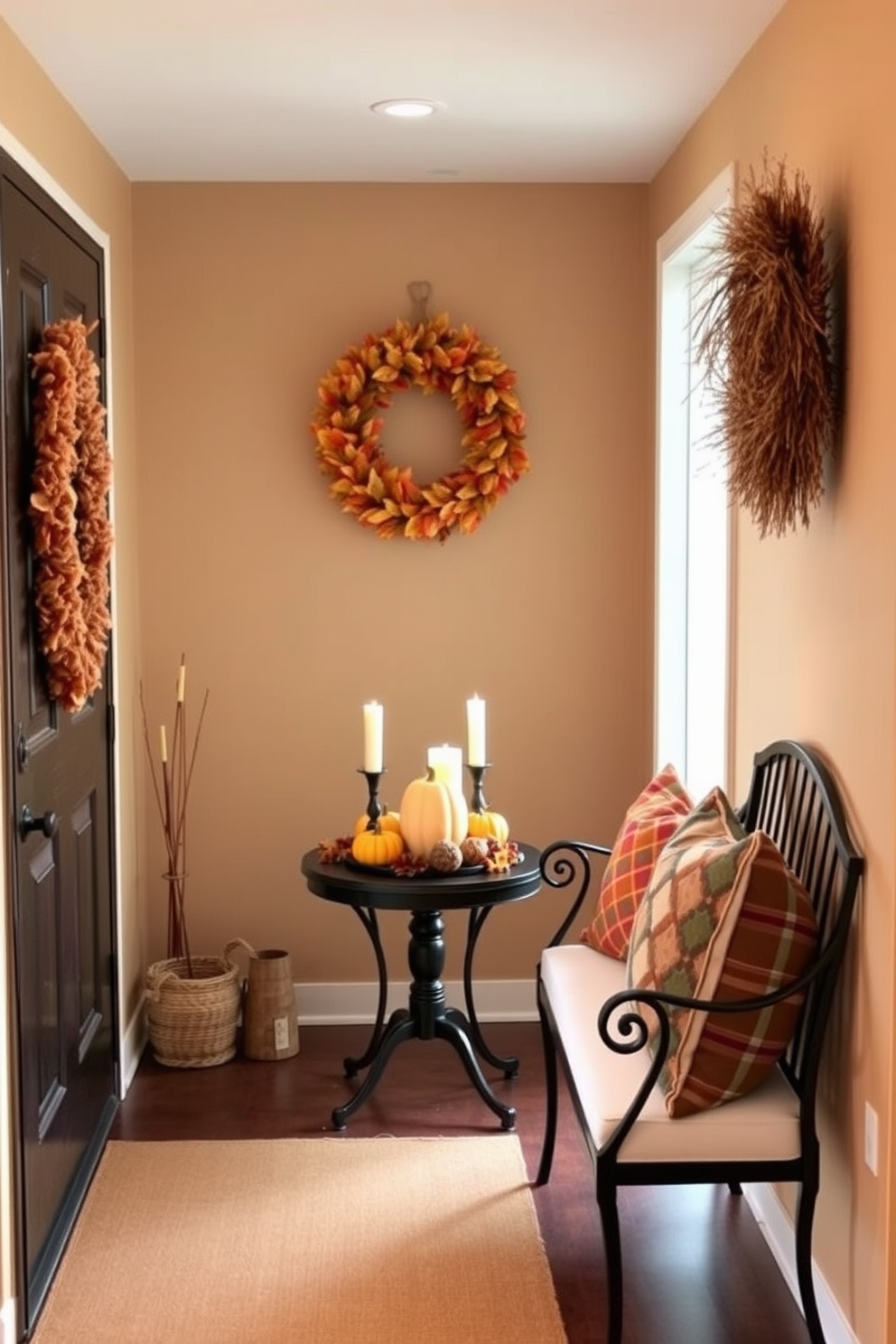 A charming entryway adorned with seasonal decor. A wreath made of autumn leaves hangs on the front door, while a small table is set with a pumpkin centerpiece and candles. The walls are painted in a warm beige tone, creating a welcoming atmosphere. A cozy bench with colorful throw pillows sits against one side, inviting guests to sit and enjoy the seasonal ambiance.