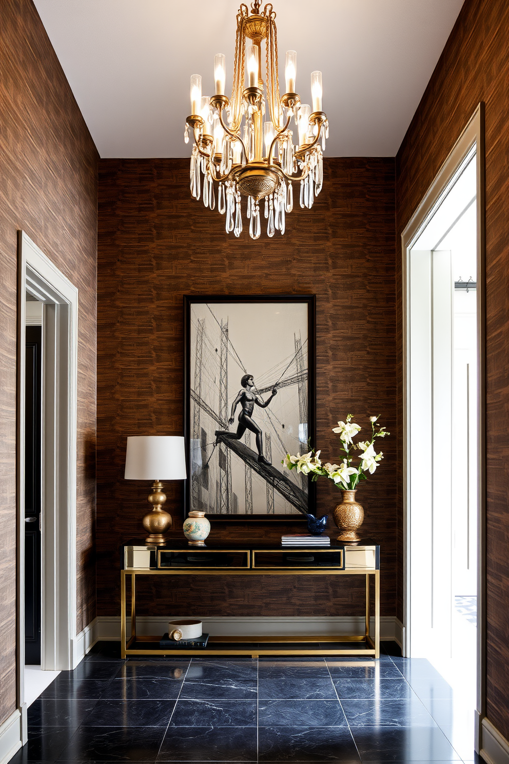 A grand foyer entryway featuring textured wallpaper that adds depth and visual interest. The space is illuminated by a stunning chandelier, while a stylish console table is adorned with decorative accents and fresh flowers.