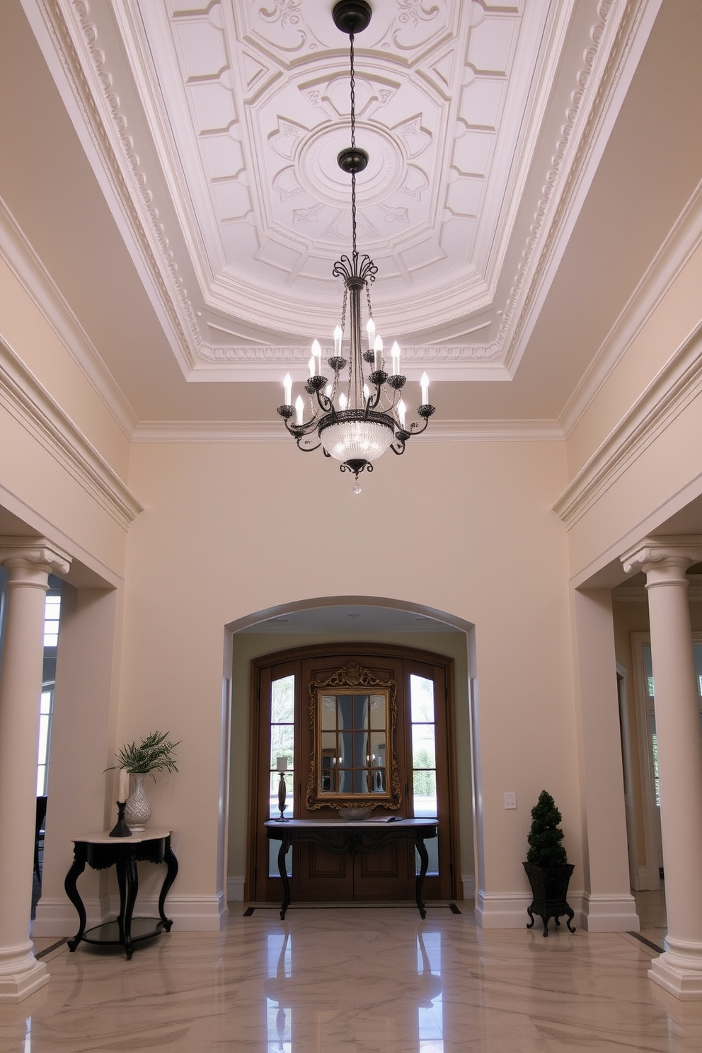 A grand foyer featuring a high ceiling adorned with intricate crown molding. The space is illuminated by a stunning chandelier that hangs gracefully above a marble-tiled floor. On one side, a stylish console table displays a decorative mirror framed in antique gold. Flanking the entrance are elegant columns that enhance the architectural beauty of the entryway.