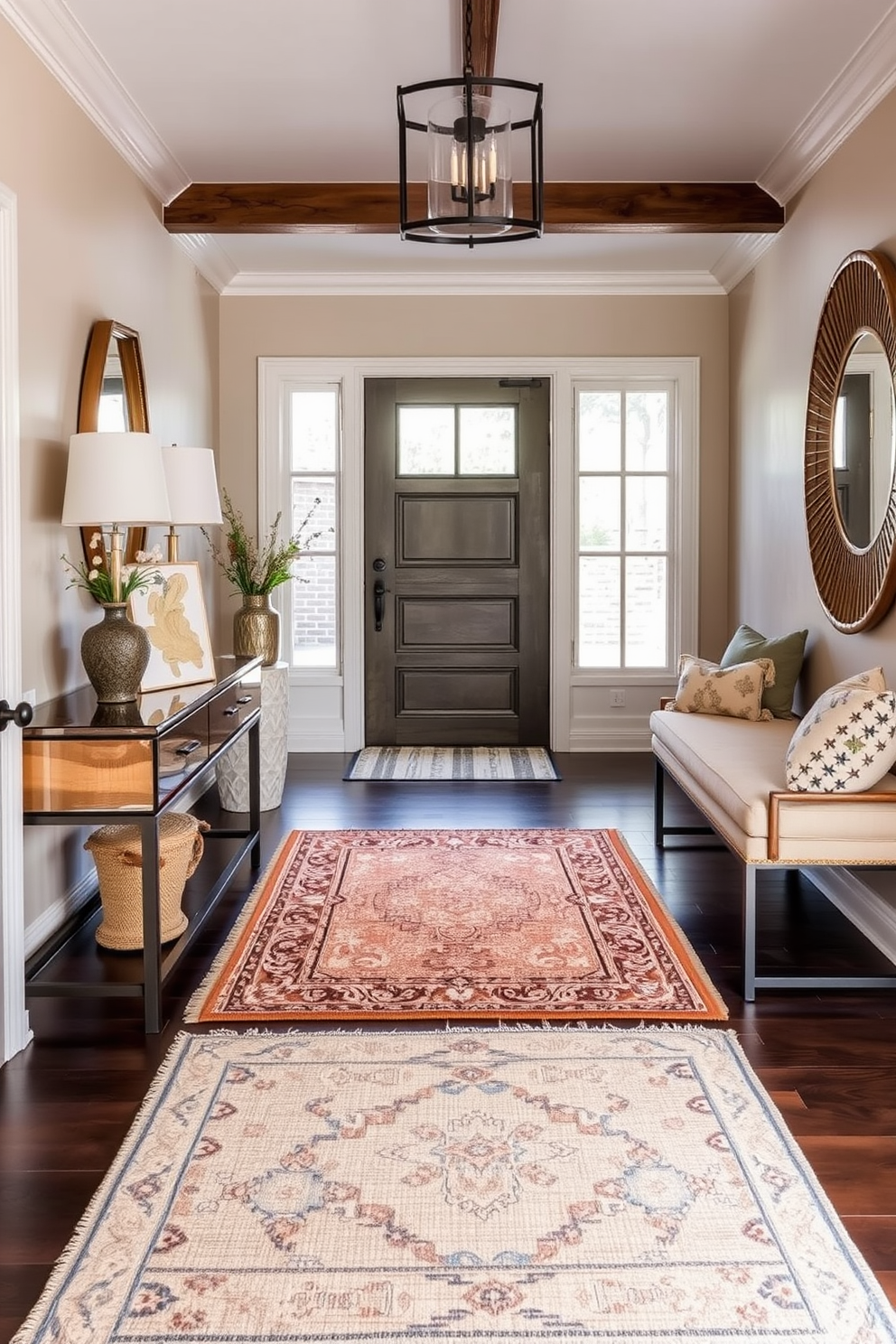 A stunning foyer featuring a bold wallpaper that showcases a vibrant geometric pattern. The entryway is illuminated by a modern chandelier, and a sleek console table is placed against the statement wall. On the floor, a plush area rug adds warmth and texture to the space. A stylish mirror is hung above the console, reflecting natural light and enhancing the overall ambiance.