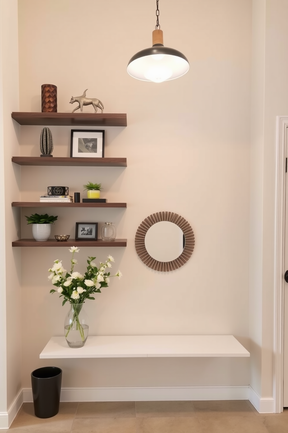 A welcoming foyer featuring floating shelves that elegantly display curated decorative items. The walls are painted in a soft neutral tone, complementing the warm wooden tones of the entryway furniture.