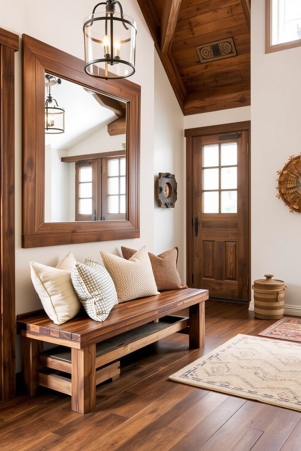 A welcoming foyer entryway featuring rustic wood elements that exude warmth. The space includes a reclaimed wood bench, adorned with plush cushions, and a large, vintage mirror framed in distressed wood.