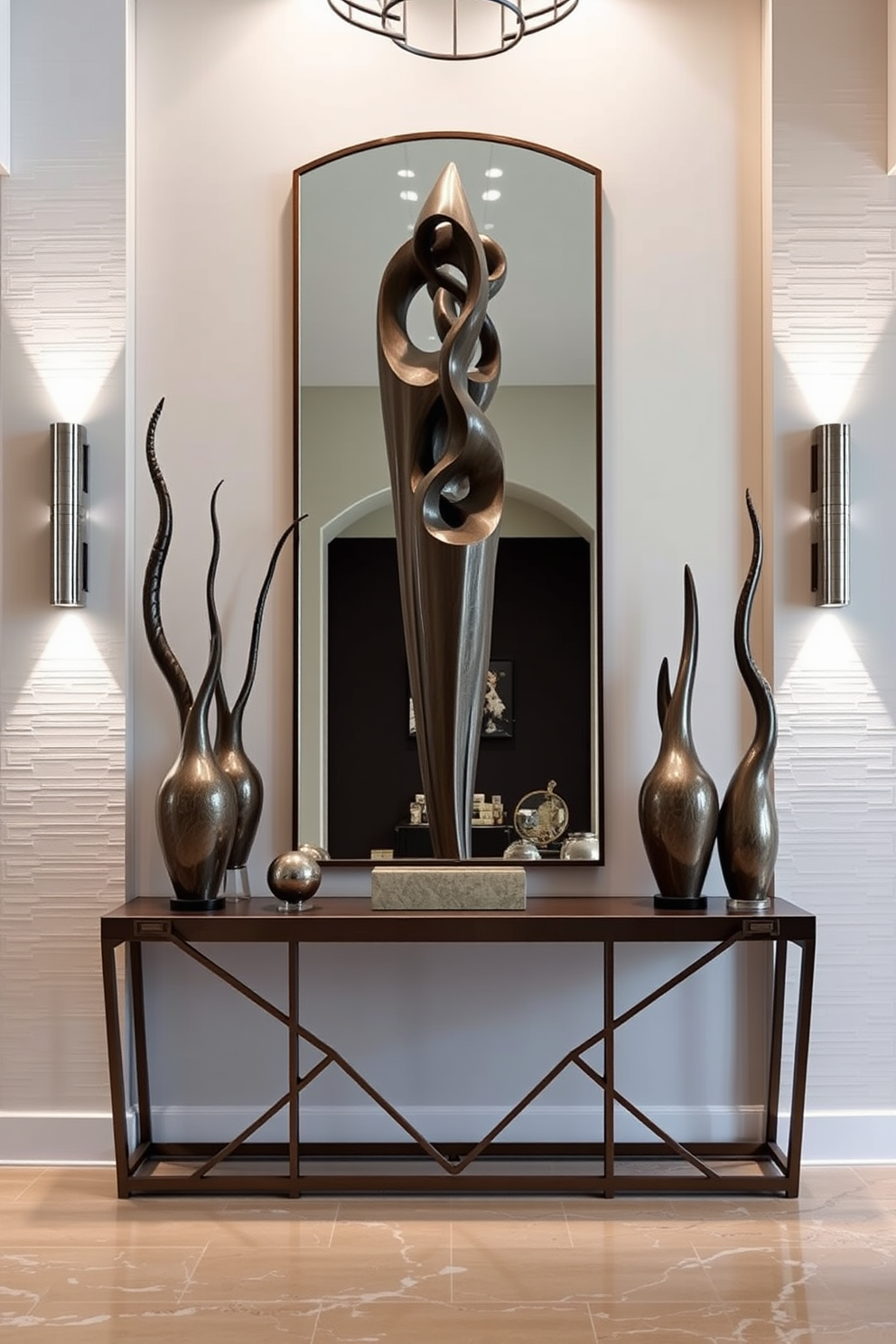 Artistic sculptures add a unique flair to the foyer, creating a captivating first impression. A grand sculpture stands prominently in the entryway, surrounded by elegant lighting that highlights its intricate details. The walls of the foyer are adorned with subtle textures, complementing the artwork without overpowering it. A stylish console table beneath a large mirror provides a functional yet chic space for decorative items and personal touches.