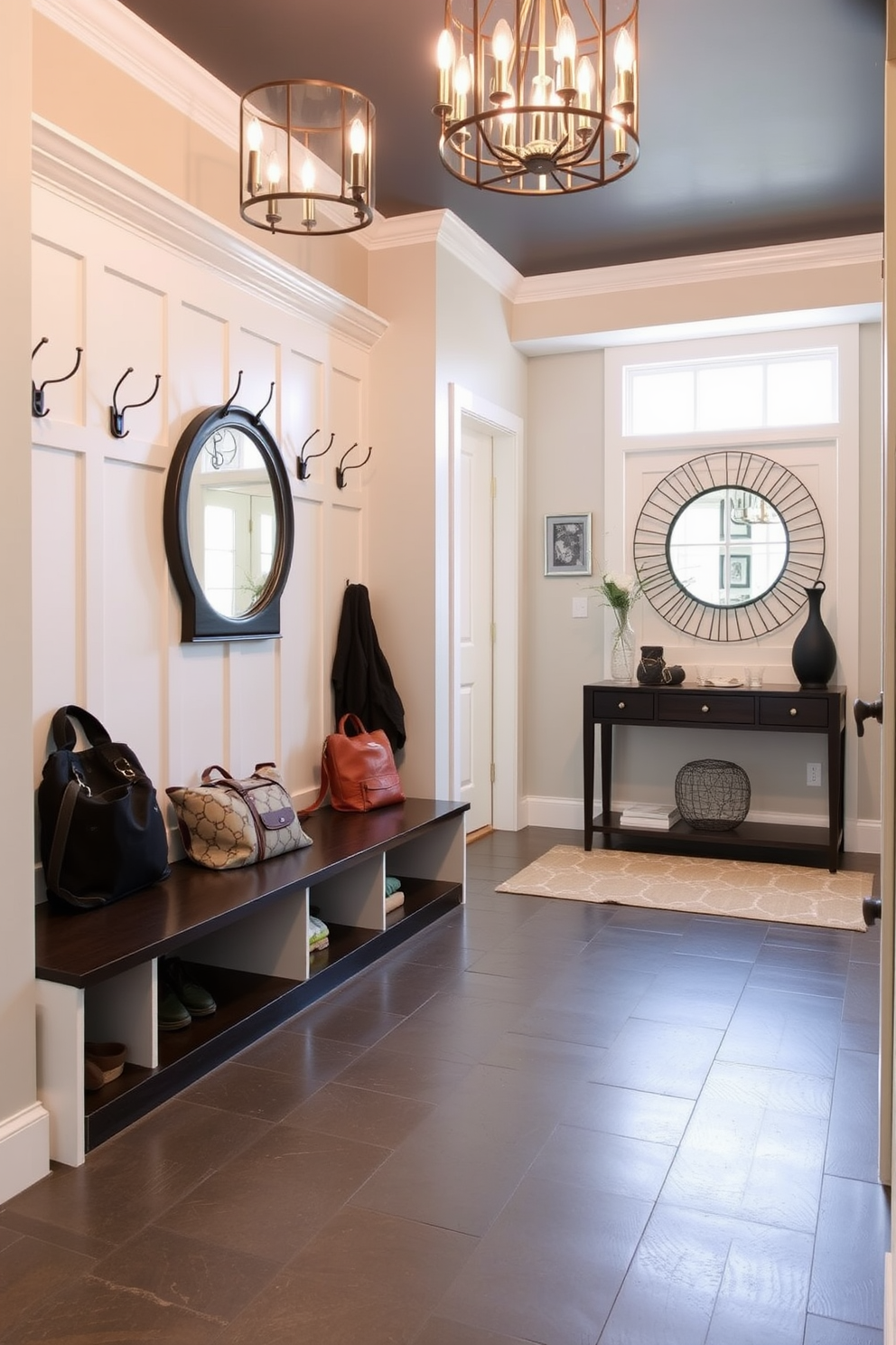 A functional mudroom area designed for practicality features built-in storage benches with hooks above for coats and bags. The space includes durable flooring and a large window that allows natural light to brighten the area. Foyer entryway design ideas showcase a welcoming atmosphere with a stylish console table and decorative mirror. The walls are adorned with artwork, and a statement light fixture hangs from the ceiling, creating an inviting first impression.